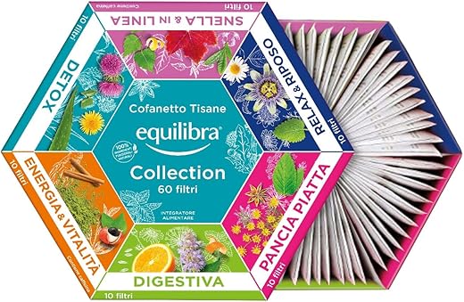 Equilibra Integratori Alimentari Tisane, Cofanetto Tisane Collection, 100% Ingredienti Funzionali, Selezione di 6 Diverse Tisane, Materiali 100% Riciclabili, Box Regalo, 60 Filtri