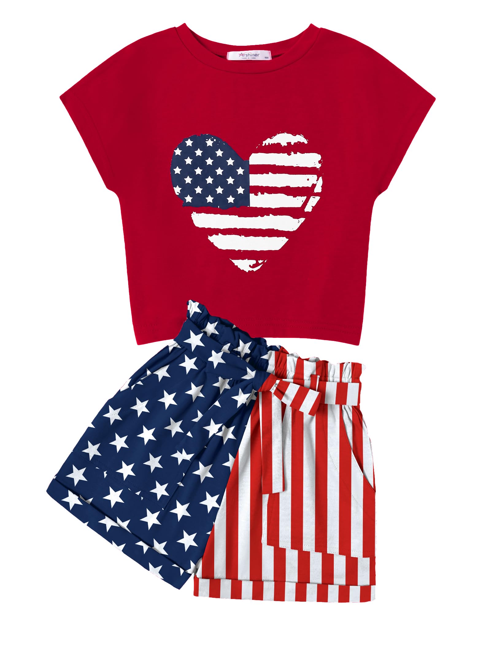 Arshiner Girls 2 Piece Outfit Drop Shoulder Sleeve Tops Paperbag Shorts Set | Summer Clothes, for 6-14 Years, Crew Neck, Hight Waist, Cute Clothing, with Pockets