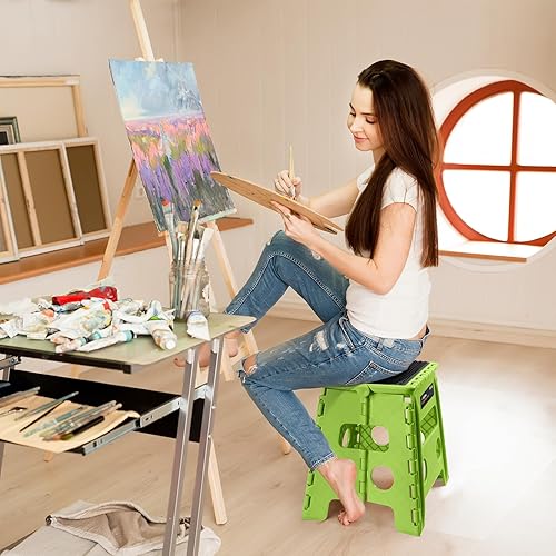 Miniatura 7 de Flottian Taburete plegable de 13 pulgadas para adultos y niños con capacidad para hasta 300 libras, taburetes plegables antideslizantes con asa,