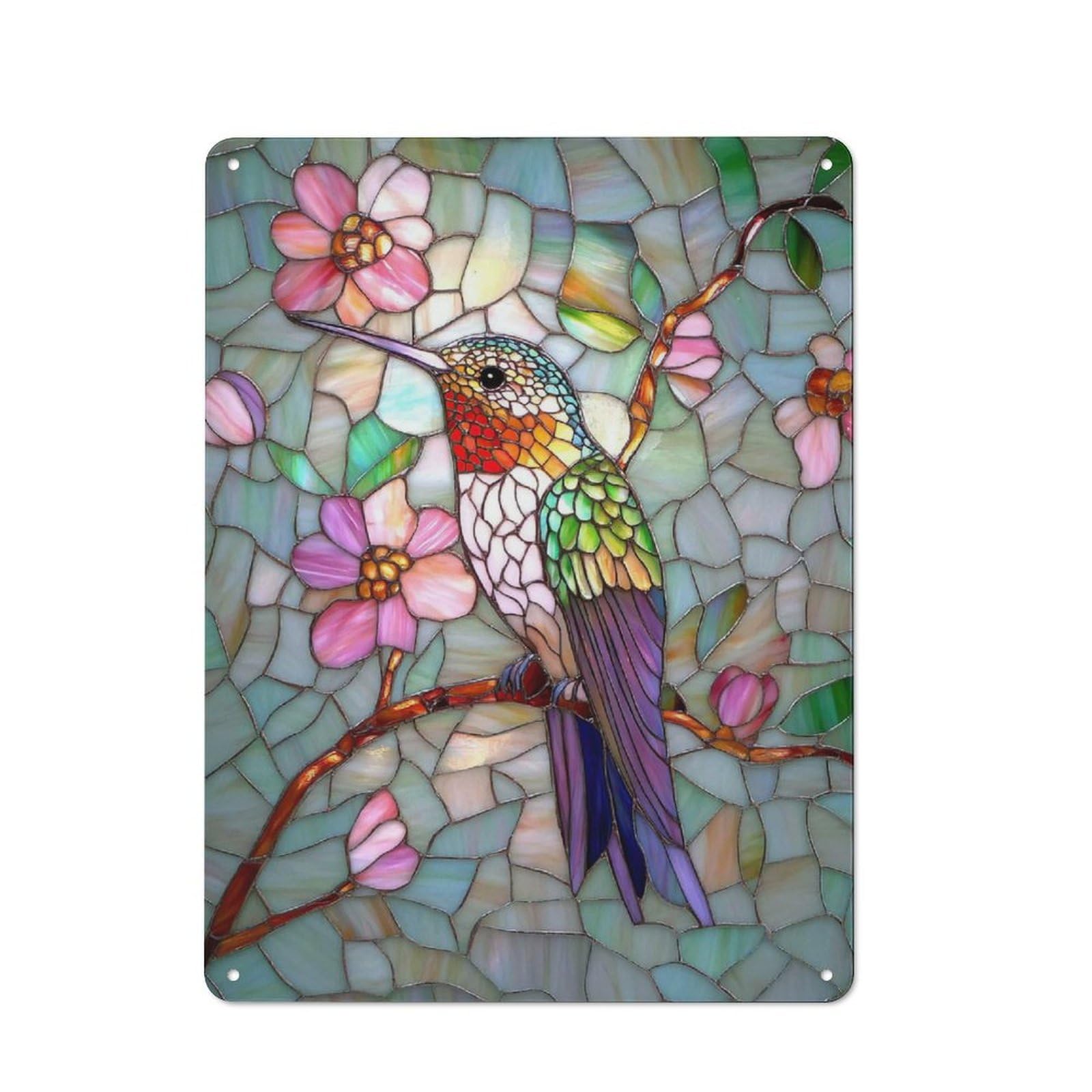 Junmoney Stained Glass Hummingbird Classic Metal Wall Decor 40X30cm, Tin Sign For Bar, Kitchen, Garage Or Games Room