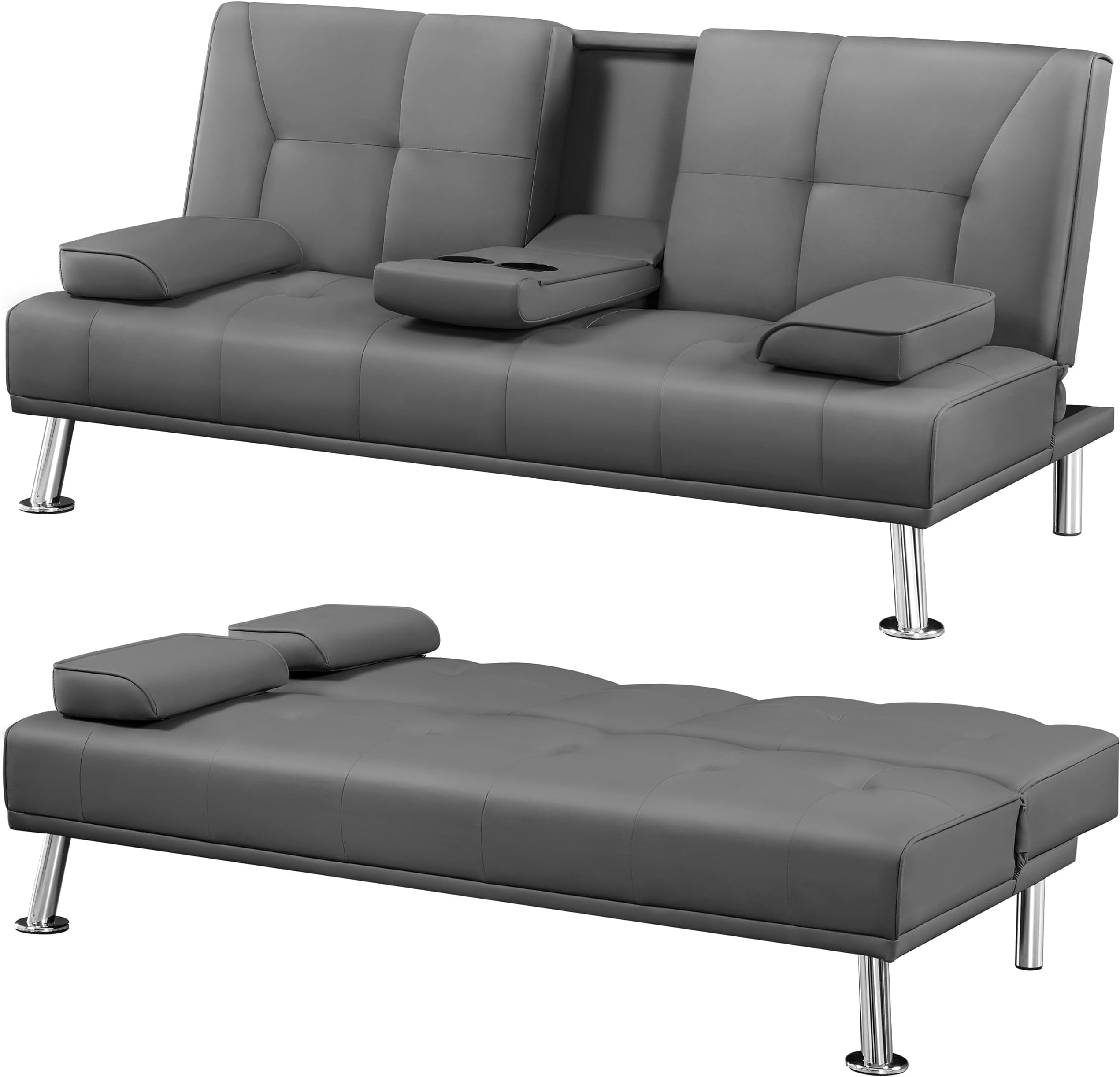 Click Clack Sofa Bed Faux Leather 3 Seater Sofa Couch Living Room/Spare Room/Guest Room Bed Settee with Cup Holders Dark Gray