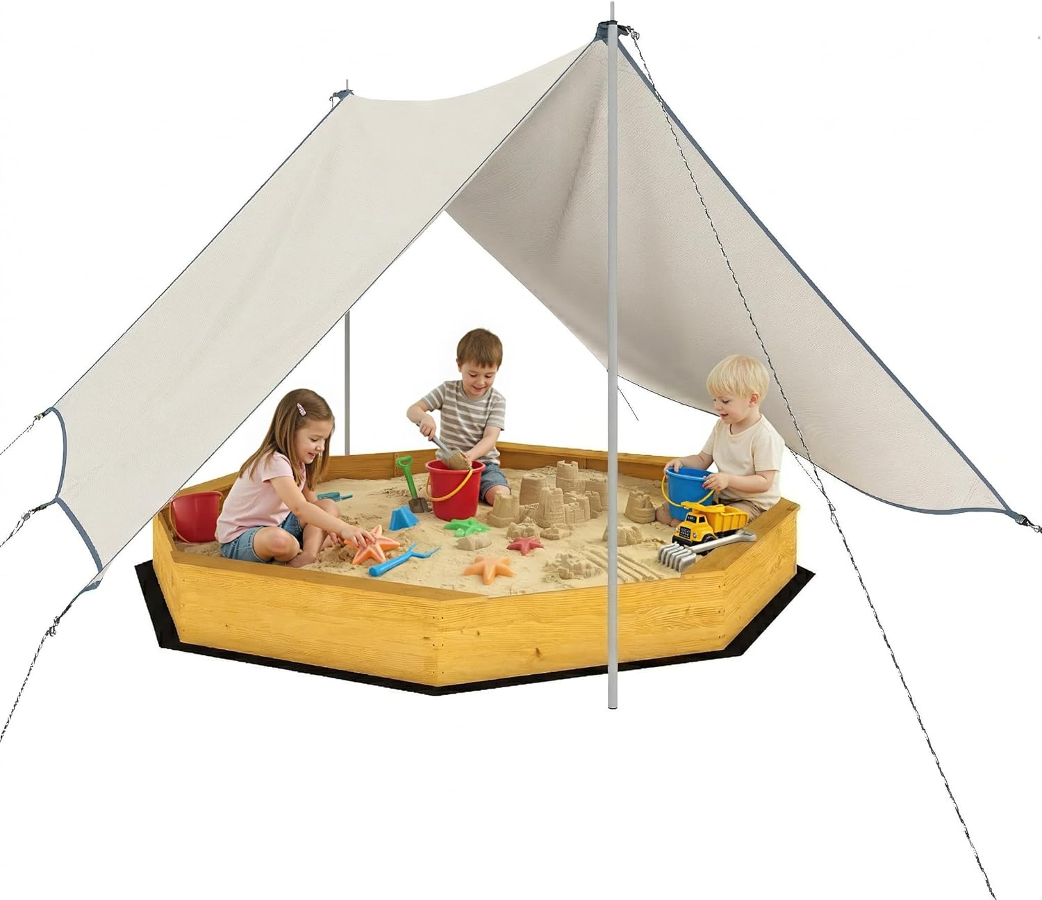 Qaba Wooden Sandbox with Large Canopy, Outdoor Sand Box with 4 Bench Seats, Bottom Liner for 8 Kids, Sand Pit for Backyard Garden, Gift for Aged 3-8, Yellow