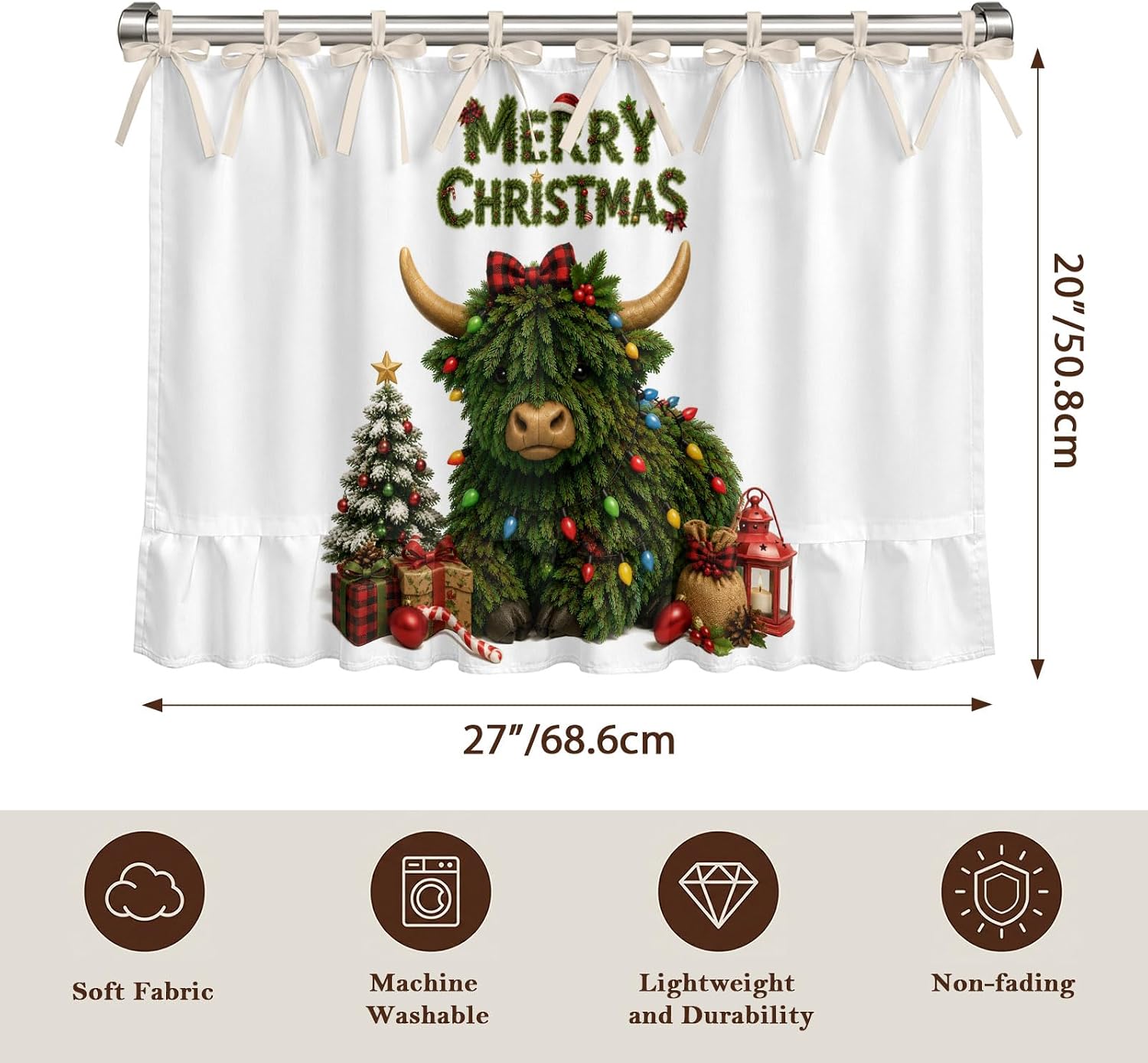Merry Christmas Oven Curtain with Tie Top, Winter Green Highland Cow Xmas Tree Gift Boxes Oven Skirt Curtains with Tie Top Cabinet Cover Curtain for Small Kitchen Apartment Decor 27 x 20 Inches image 4