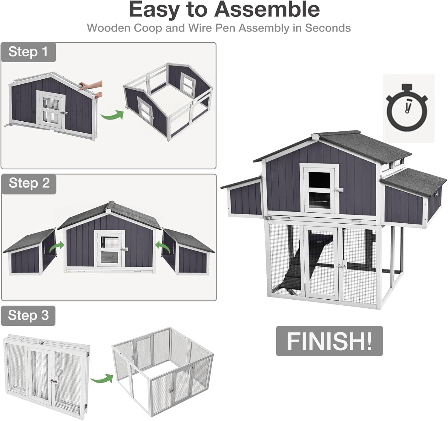 Large Chicken Coop - Unique Folding Design for Easy to Set Up - Chicken House for Outdoor with Two Nesting Box, Leakproof Pull-on Tray, and UV-Resistant Roof Panel (Black)