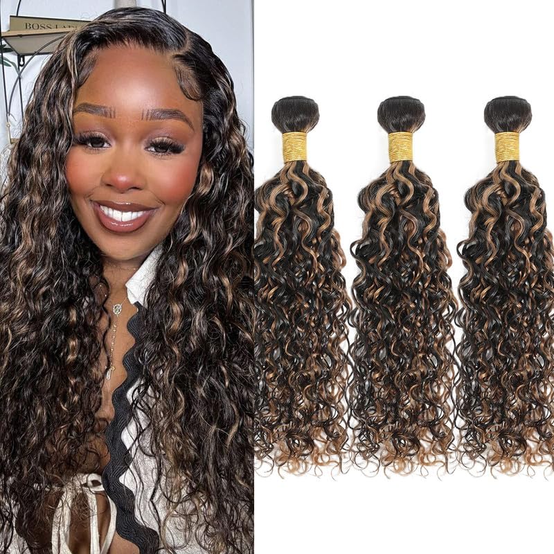 Water Wave Bundles Human Hair 24 26 28Inch Brown Highlight Bundles Human Hair Weave for Black Women Brazilian Virgin Hair 3 Bundles（Black and Light Brown，#P1B/30）