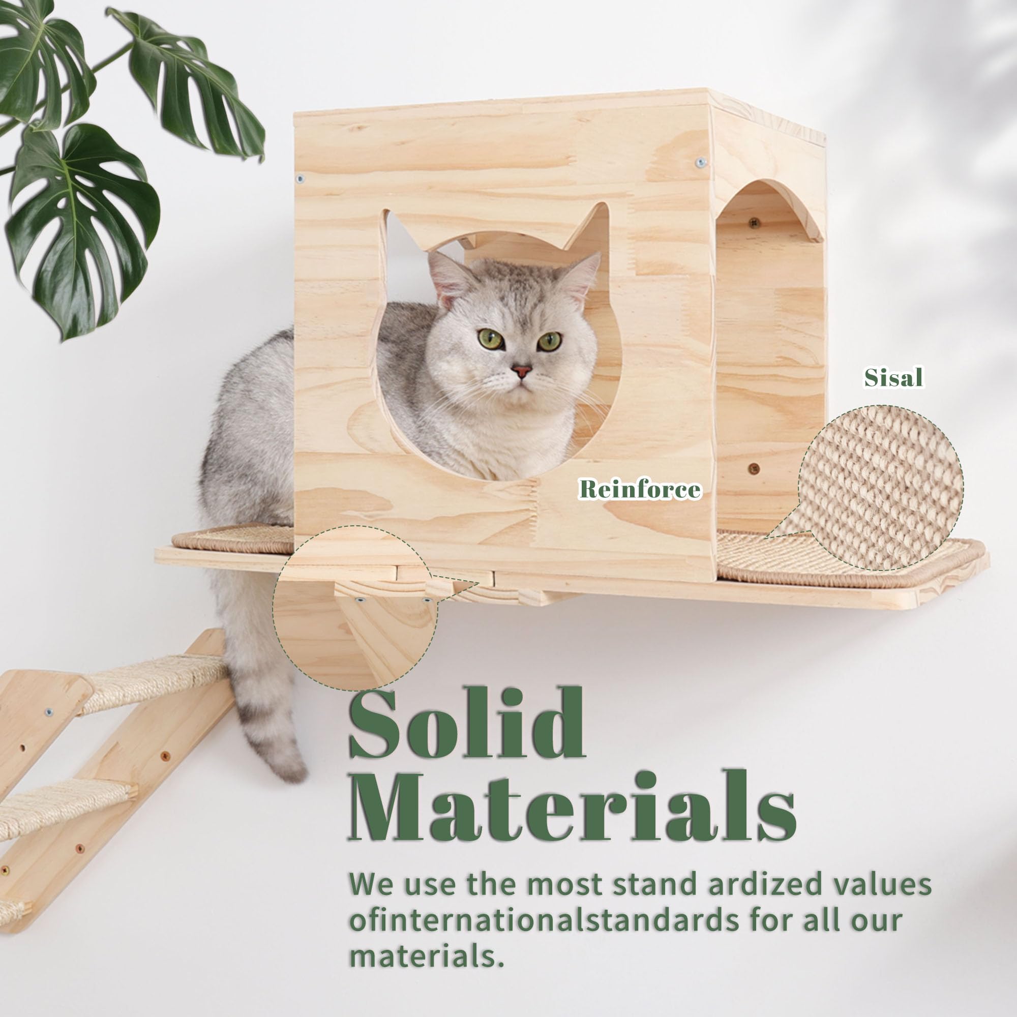 Set di mensole da parete per gatti, con casa, tiragraffi in sisal, gradini per arrampicarsi, in legno massello, per interni, design salvaspazio