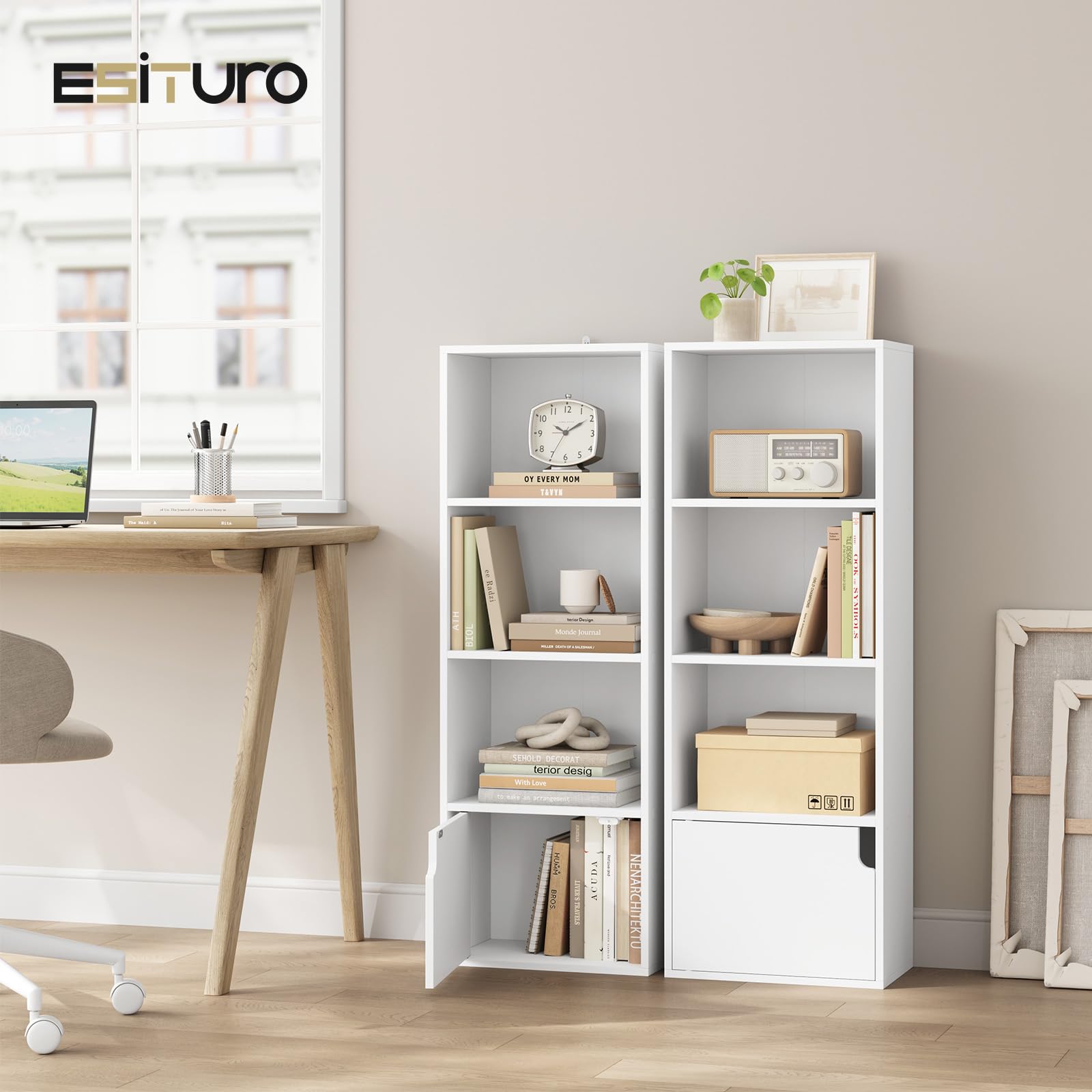 eSituro Libreria 3 Scomparti 1 Armadietto 34x24x106 cm Bianco | Verticale; Truciolare e MDF; Salvaspazio; Studio ufficio; Montaggio facile