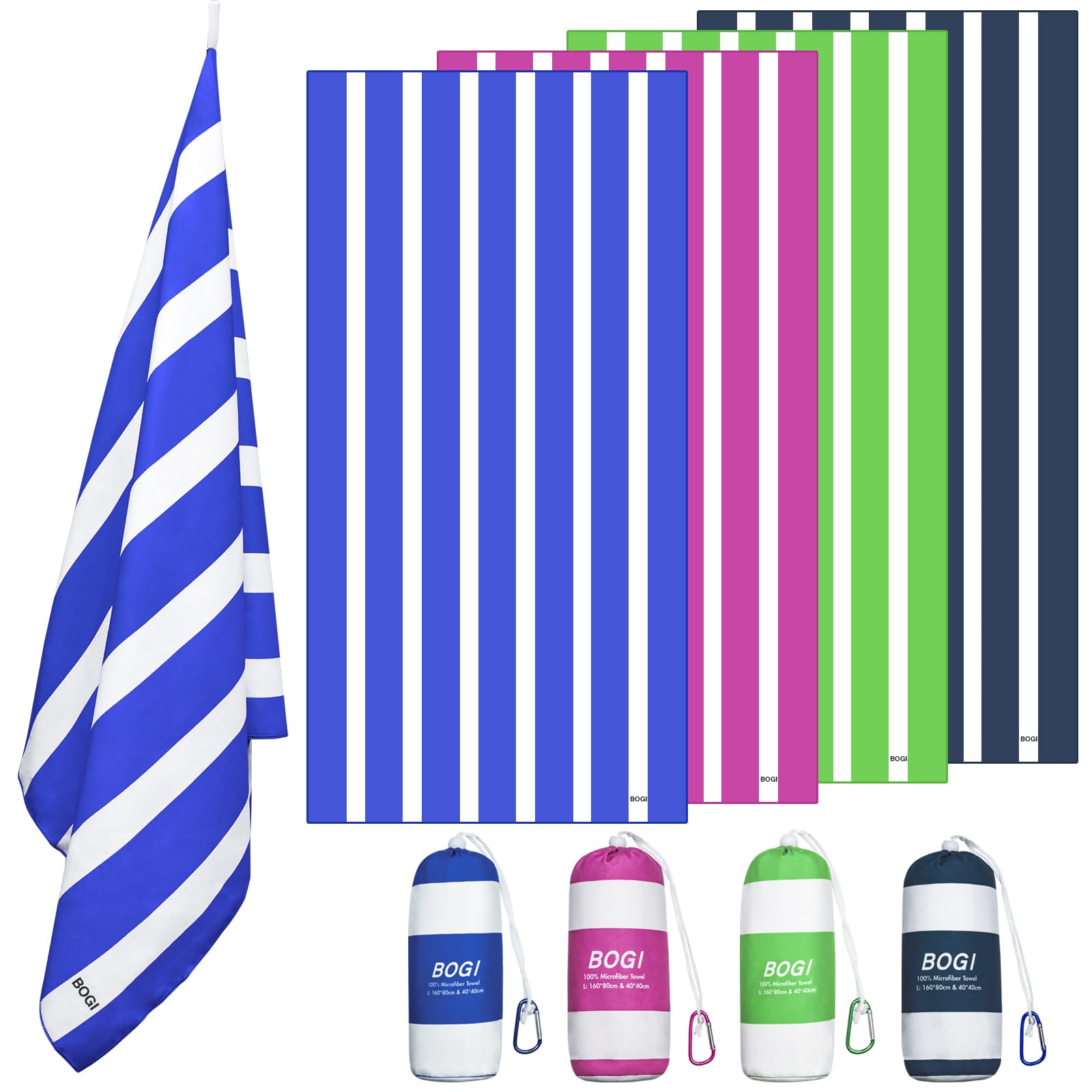 BOGI Microfiber Large Beach Towel for Adult,Quick Dry Lightweight Beach Towel- Recycled,Sand Proof & Compact Absorbent for Travel Bath Swim Yoga (L:165cm*80cm+40cm*40cm-Blue) โ image 1