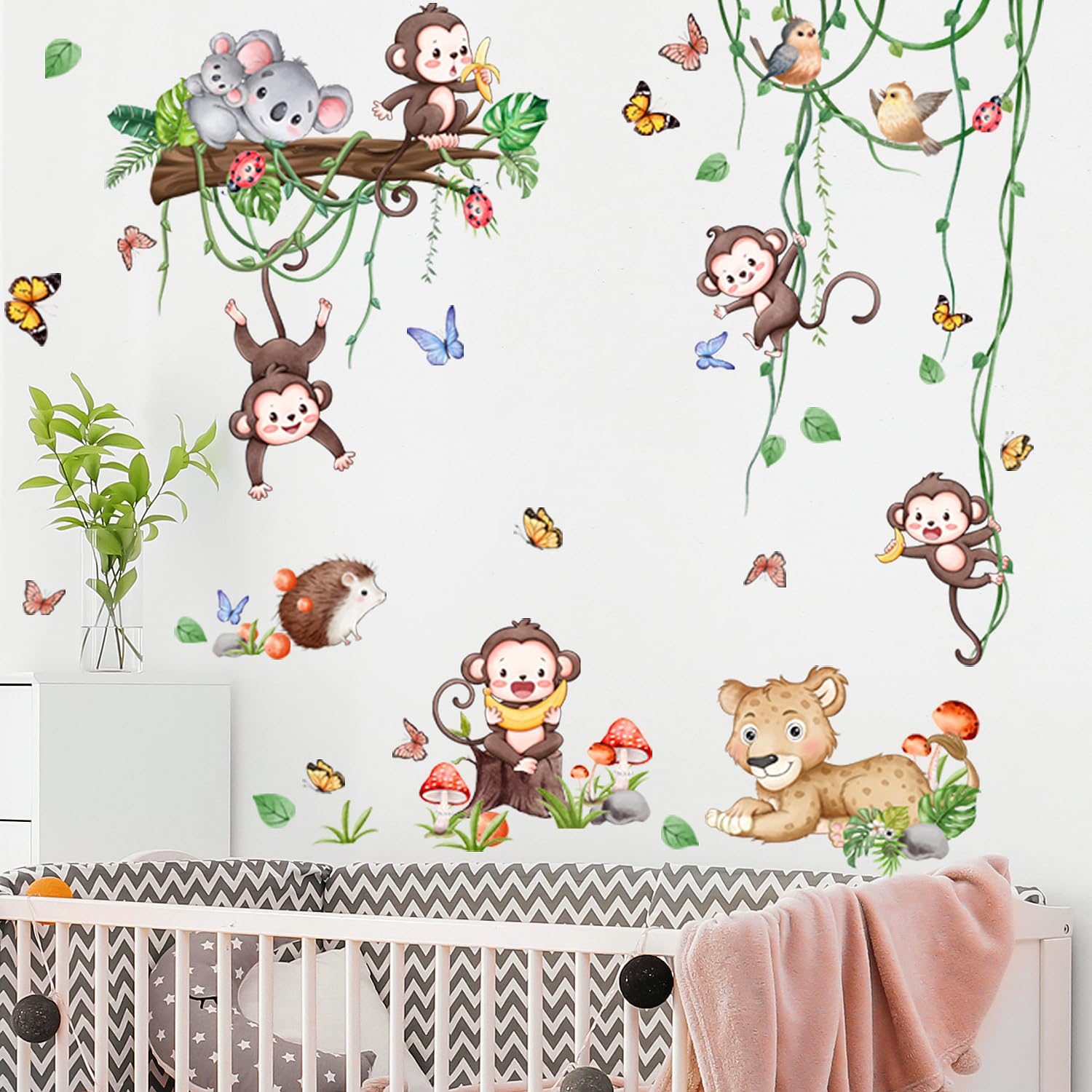 Jungle Monkey Vine Leaves Peel Stick Nursery Decor Wondever Jungle Monkey  Wall Stickers - Peel \u0026 Stick Vine Decals For Nursery \u0026 Kids Rooms Wall  Decals, image size:1500x1500