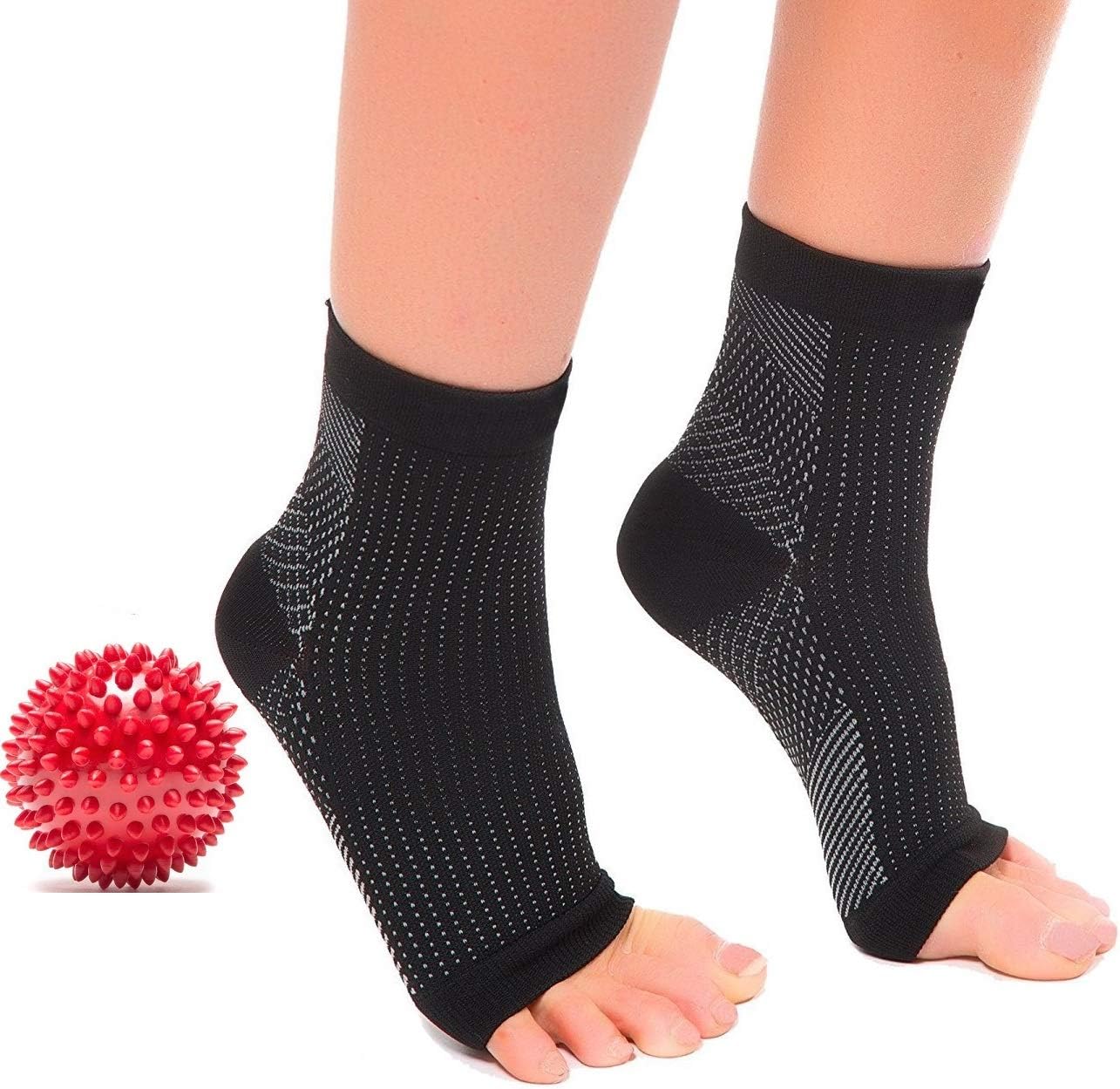 Compression Socks for Plantar Fasciitis (Pair), and Free Spiky Massage Ball (Bundle), for Foot Pain, Ankle & Arch Support, Swelling (Black, Medium)
