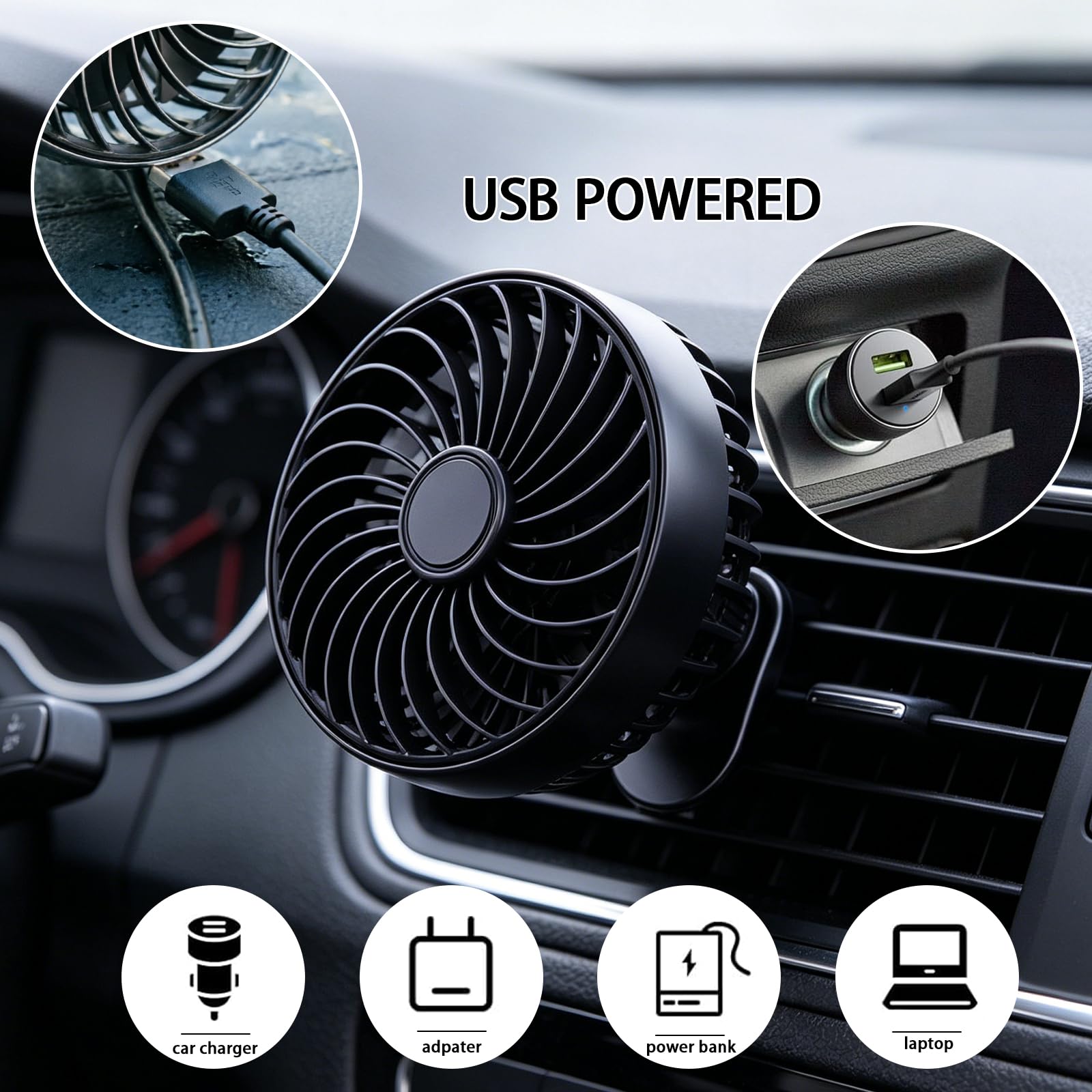 Ventilatore USB per auto con montaggio a gancio, ventola portatile per auto, 5 V/1 A, ventola di raffreddamento per auto, 3 velocità regolabili, girevole a 360°, clip di raffreddamento per la