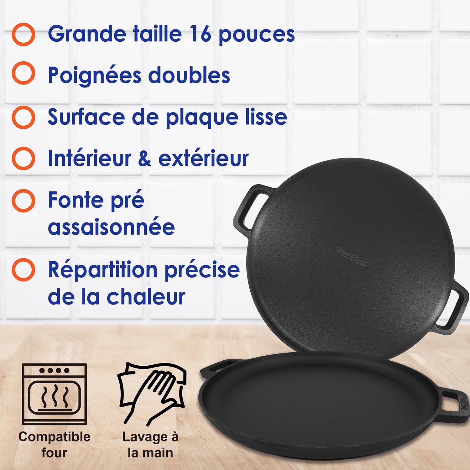 StarBlue Poêle à pizza ronde en fonte de 40,6 cm avec poignées en silicone et livre électronique de 30 recettes – Comal pré-assaisonné, essentiel de cuisine pour les amateurs de pizza, pâtisserie,