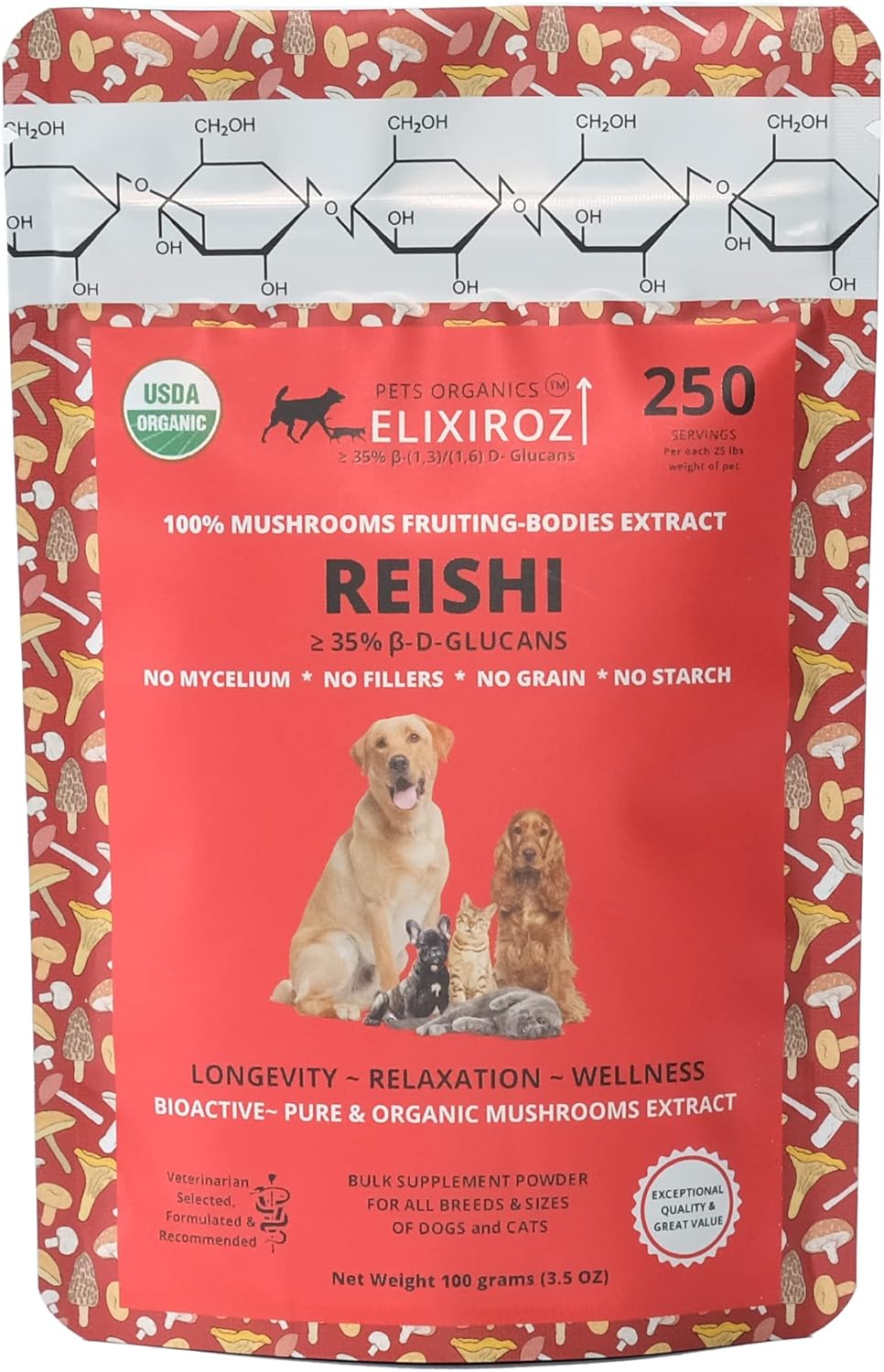 Pure REISHI >35% β-glucans, 100% Mushrooms Fruiting Bodies Extract for Dogs &Cats Immune, Digestive Systems, Anti-inflammatory, Antioxidative, Vitamins for Canine & Feline Longevity & Health