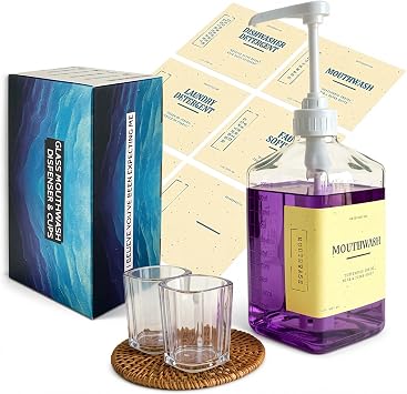 eBun White Mouthwash Dispenser Set, 37oz Glass Bottle with Pump & Cups | Large capacity pump dispenser for bathroom. Includes glass mouth wash bottle & matching cups for stylish daily oral care