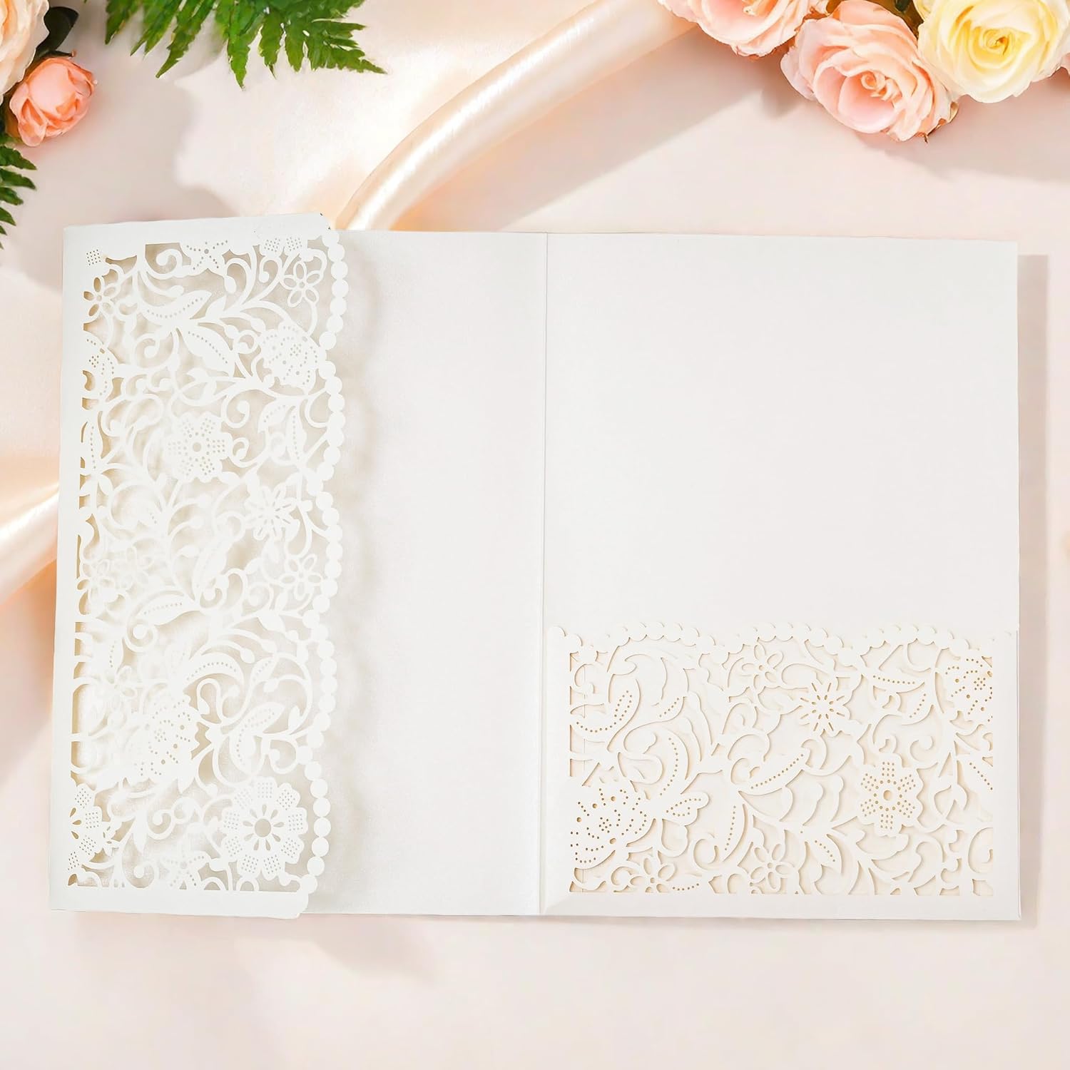 20 pcs Laser Cut Invitations Cards Pockets with Ribbons Floral Design for Wedding Party Bridal Shower Birthday Quinceañera Invite 5.12 by 7.24 inches (Ivory)