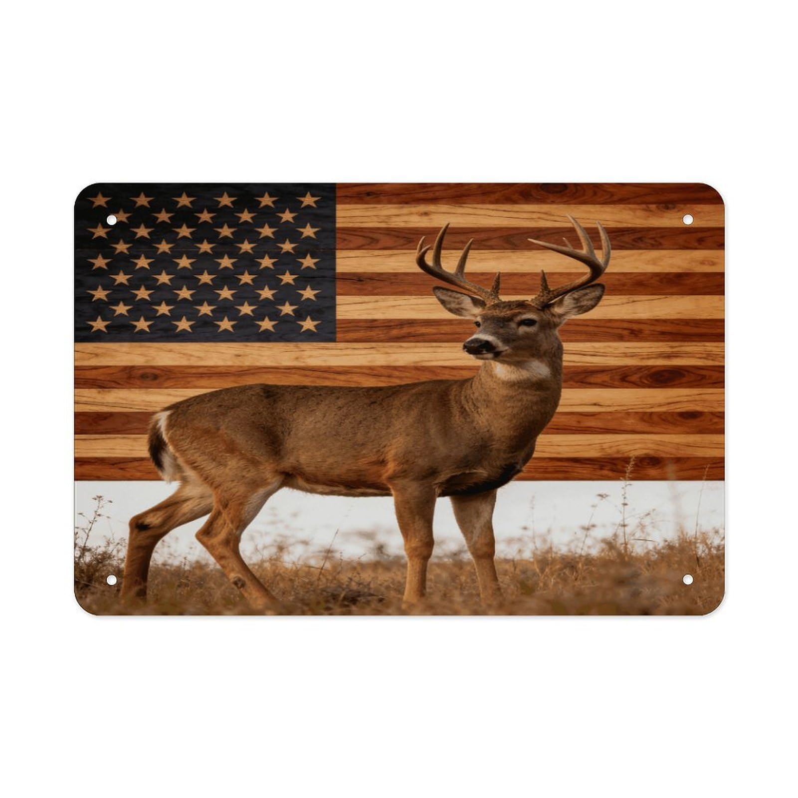 Fodpand Style Wood Grain American Flag Hunting Deer Wall Art Metal Tin Signs Bar Metal Tin Sign Wall Decor For Home Living Room Bedroom Toilet Hotel Halloween Decor Gifts 7.9X 11.8 Inch