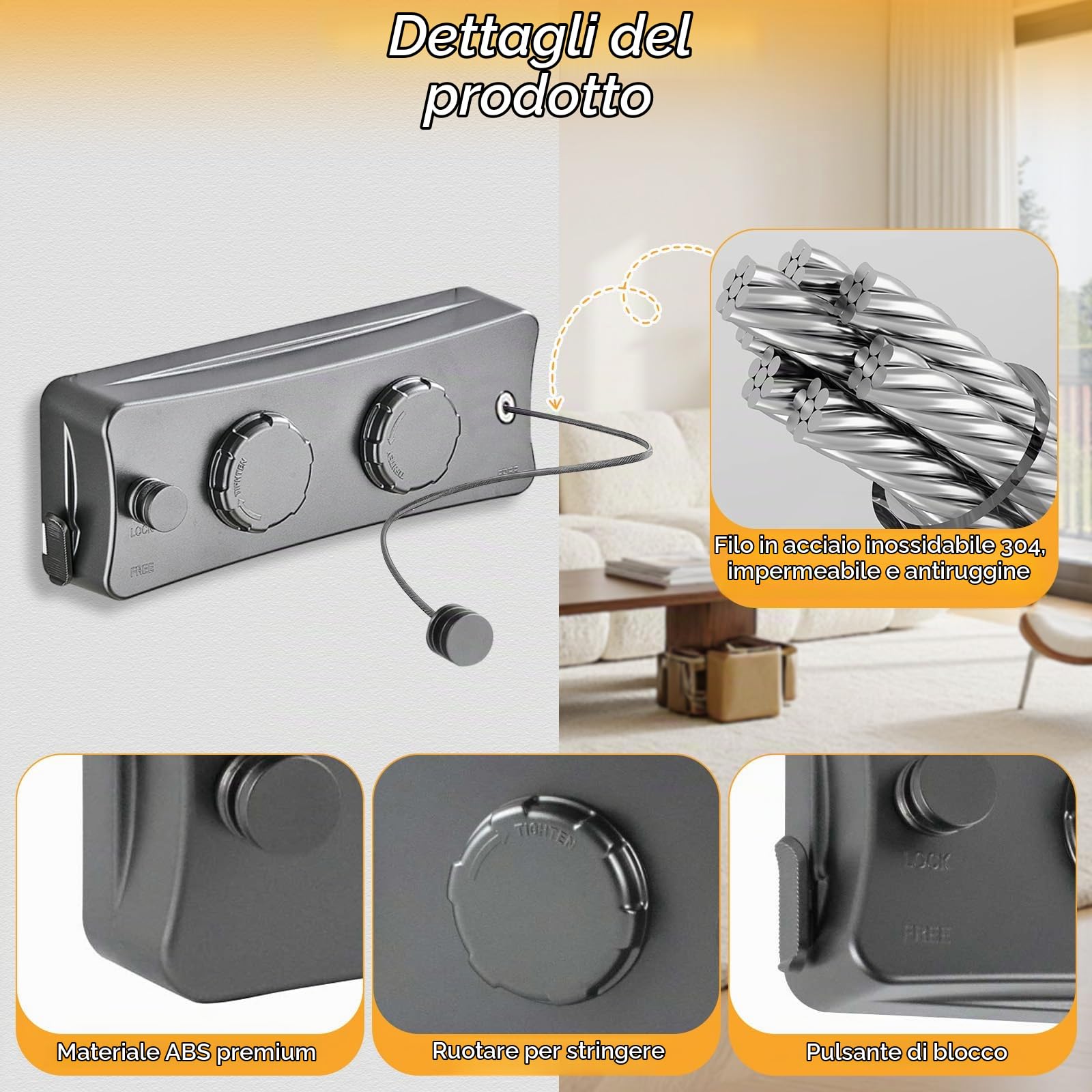 Filo per bucato allungabile, 5,1 m, montaggio a parete, in acciaio inox non appeso, filo per bucato, due fili di lino per balcone, hotel, bagno