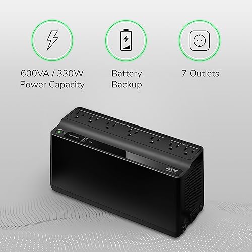 Miniatura 5 de APC UPS Battery Backup and Surge Protector 600VA Backup Battery Power Supply BE600M1 Back-UPS with USB Charger Port