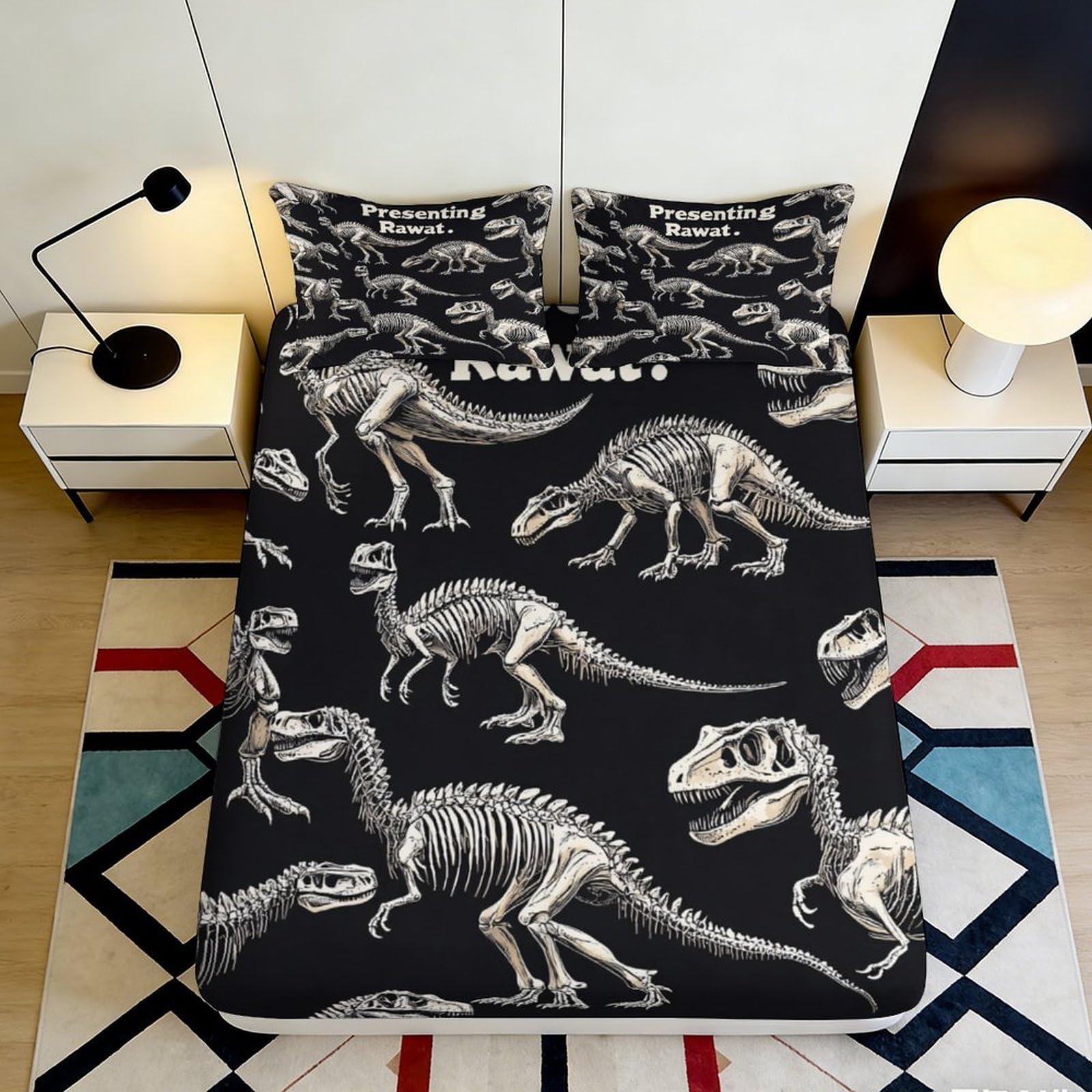 3D Printed Dinosaur Skeleton Black Fitted Sheet Microfiber Soft Non-Slip Mattress Cover for Bedroom Dorm Decor 120x200cm 180x200x25cm