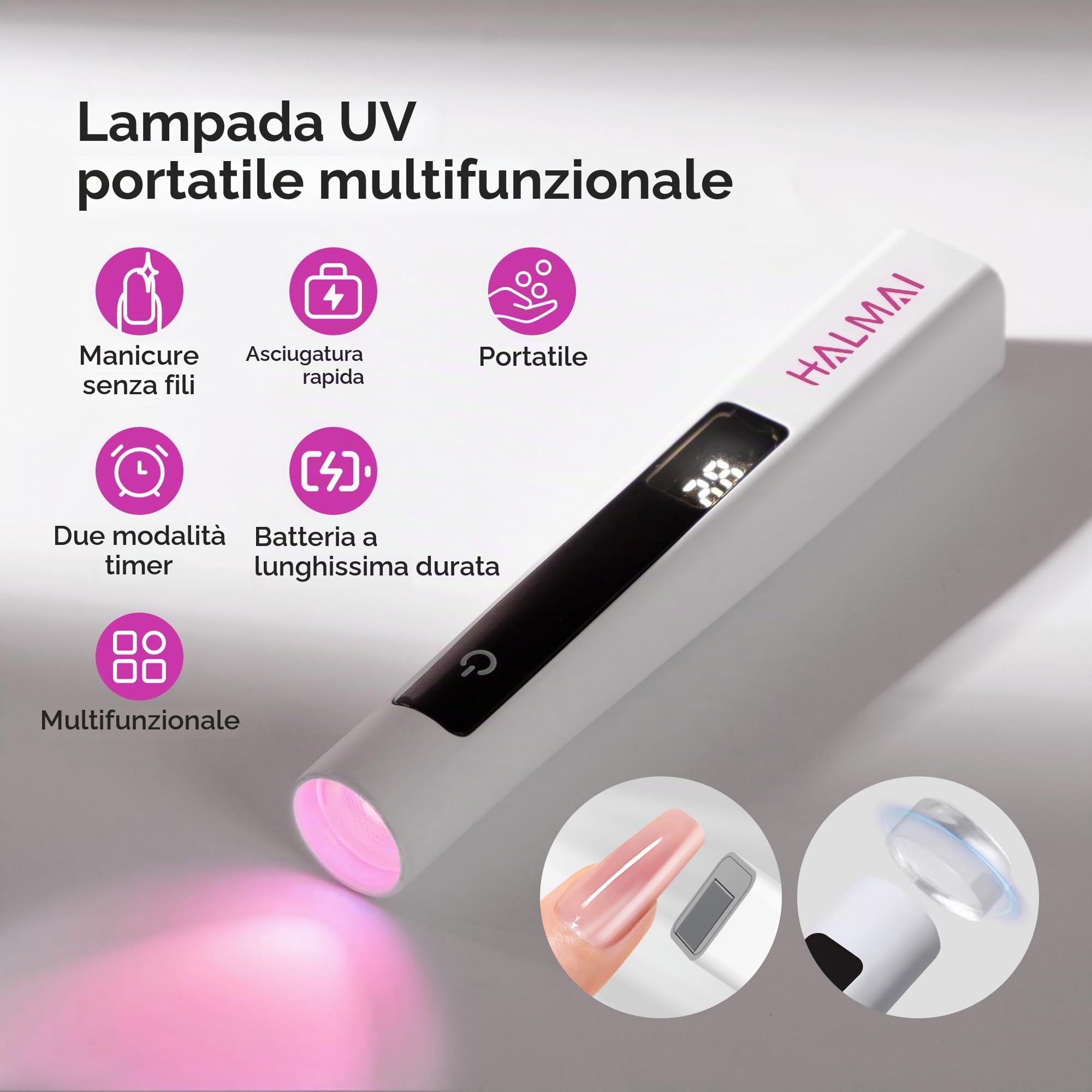 Halmai Lampada UV portatile per smalto gel, mini luce rossa portatile con LED, asciuga unghie USB ricaricabile senza fili, strumento per manicure a casa con cura delle unghie, stampaggio delle unghie