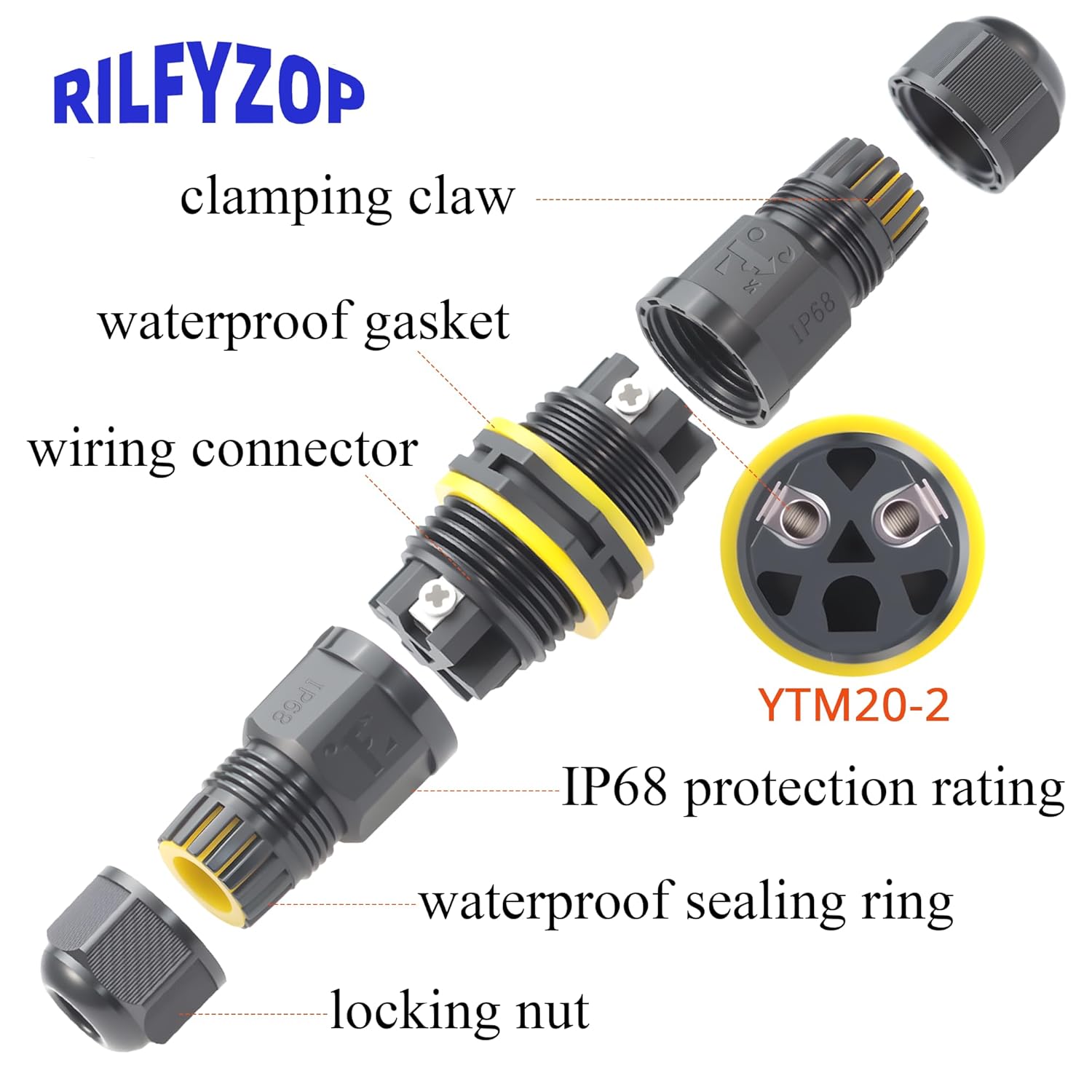 IP68 Waterproof Cable Connector, PC Housing Junction Box with Screw Terminals, 2/3/4-Way, 1 Types, Ø5–10mm, M20, Outdoor Underground Electrical Wire Splice (YTM20-2)