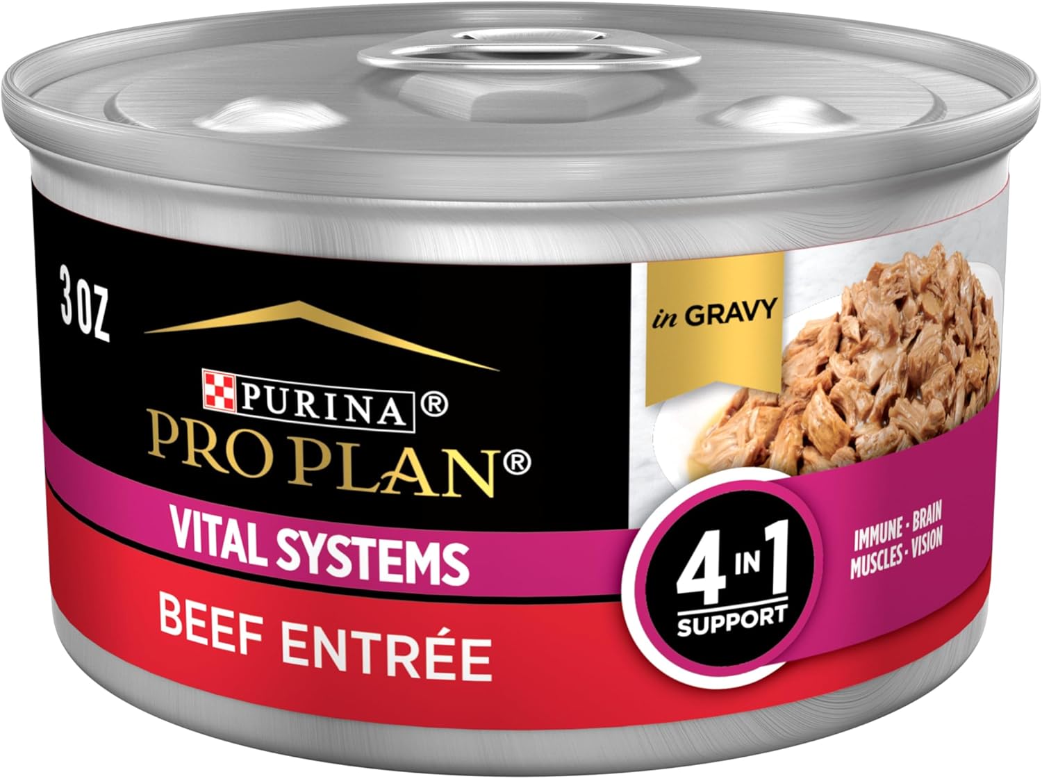 Purina Pro Plan Wet Cat Food Vital Systems Beef Entree in Wet Cat Food Gravy 4-in-1 Immune, Brain, Muscle and Vision - (Pack of 24) 3 oz. Cans