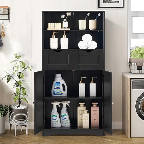 Miniatura 2 de Iwell Armario alto de baño, armario de almacenamiento con 2 cajones y estantes ajustables, armario de piso de baño para sala de estar, dormitorio,