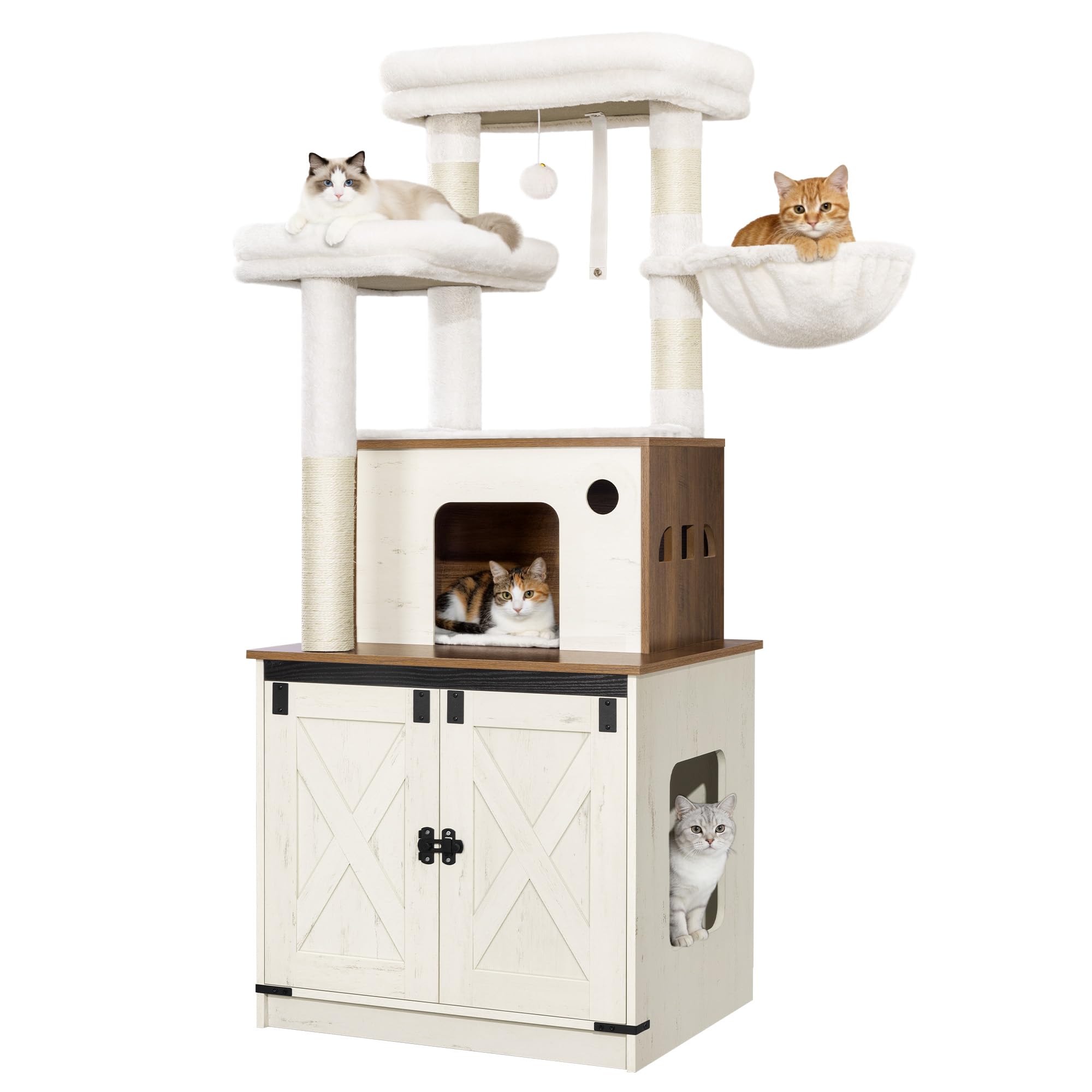 Hzuaneri Arbre à Chat avec Meuble Litiere Chat, 150cm Haut, Marron et Blanc | Coussin Lavable, Deux Grandes Plateformes, Poteau Sisal, Panier pour Chat, Maison pour Chat, Balles Peluche, CB89214WT
