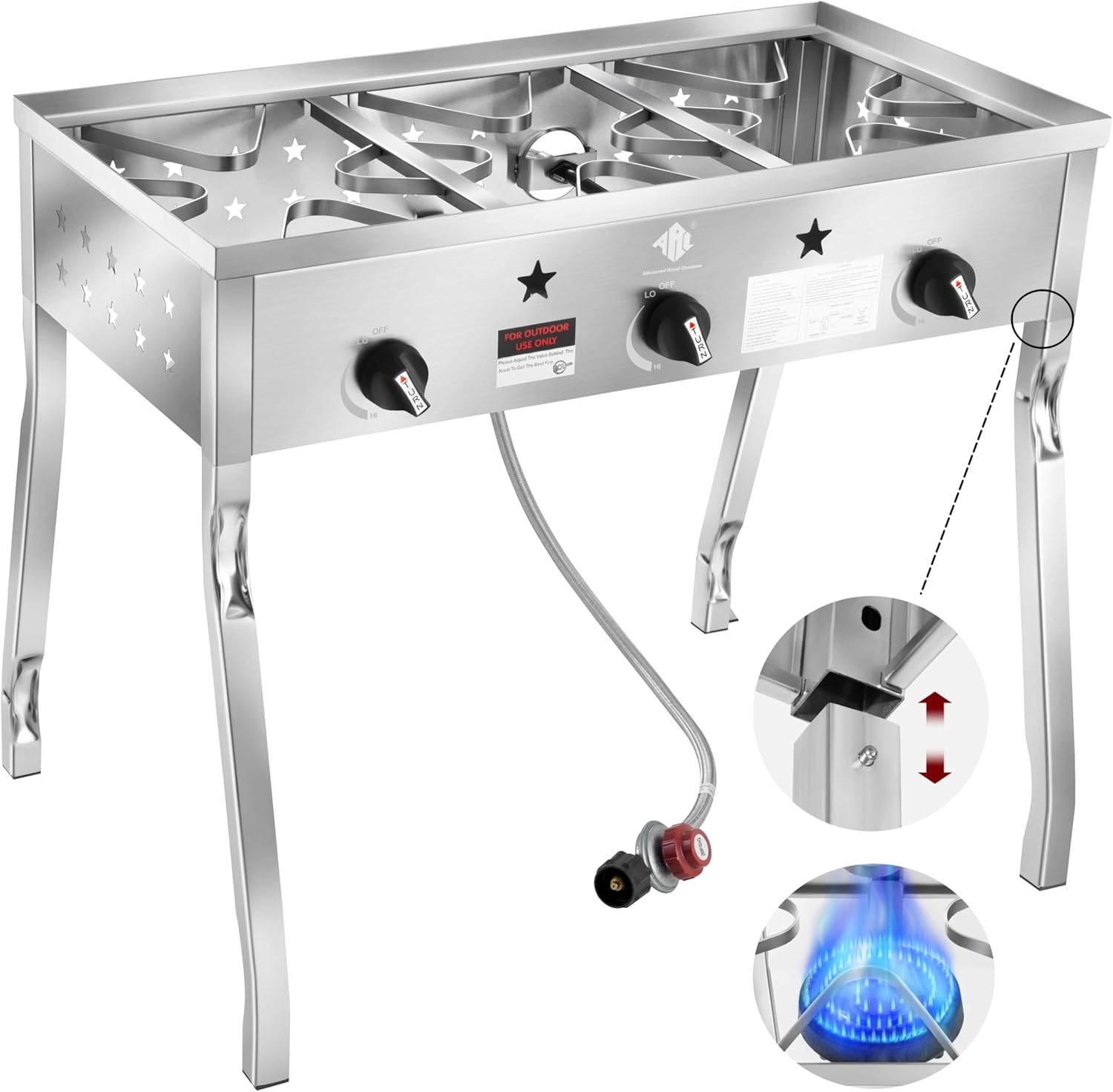 ARC Stainless Steel 225,000BTU Portable Camping Stove, 3-Burner Propane Gas Stove with Detachable Legs Stand, 0-20 PSI Regulator, Camping Burner Stove for Backyard Cooking, BBQ, and Turkey Frying