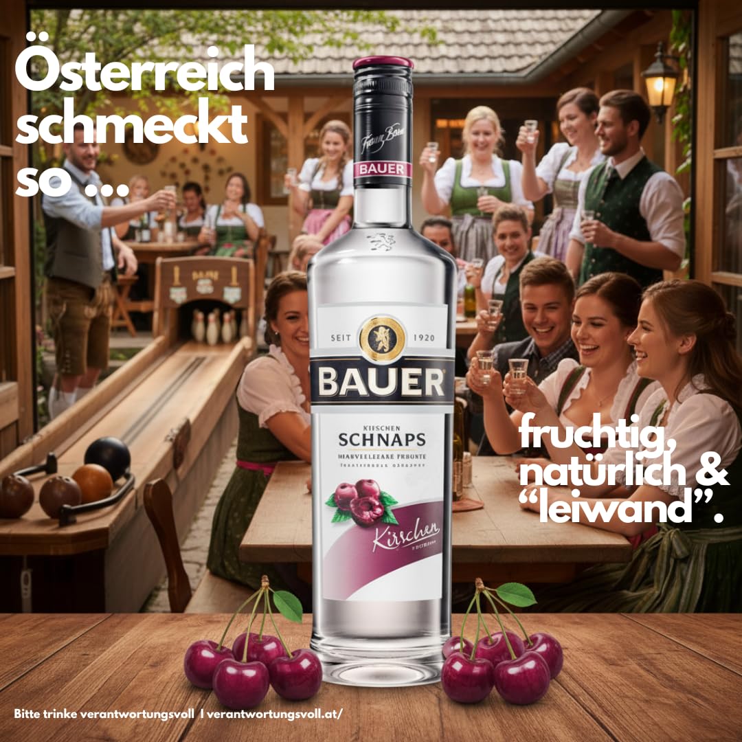 Bauer Kirschschnaps - Der fruchtige Klassiker für besondere Genussmomente - Obstbrände aus Österreich seit 1920 - Kirschen Schnaps Geschenk Idee (1 x 0,7L)