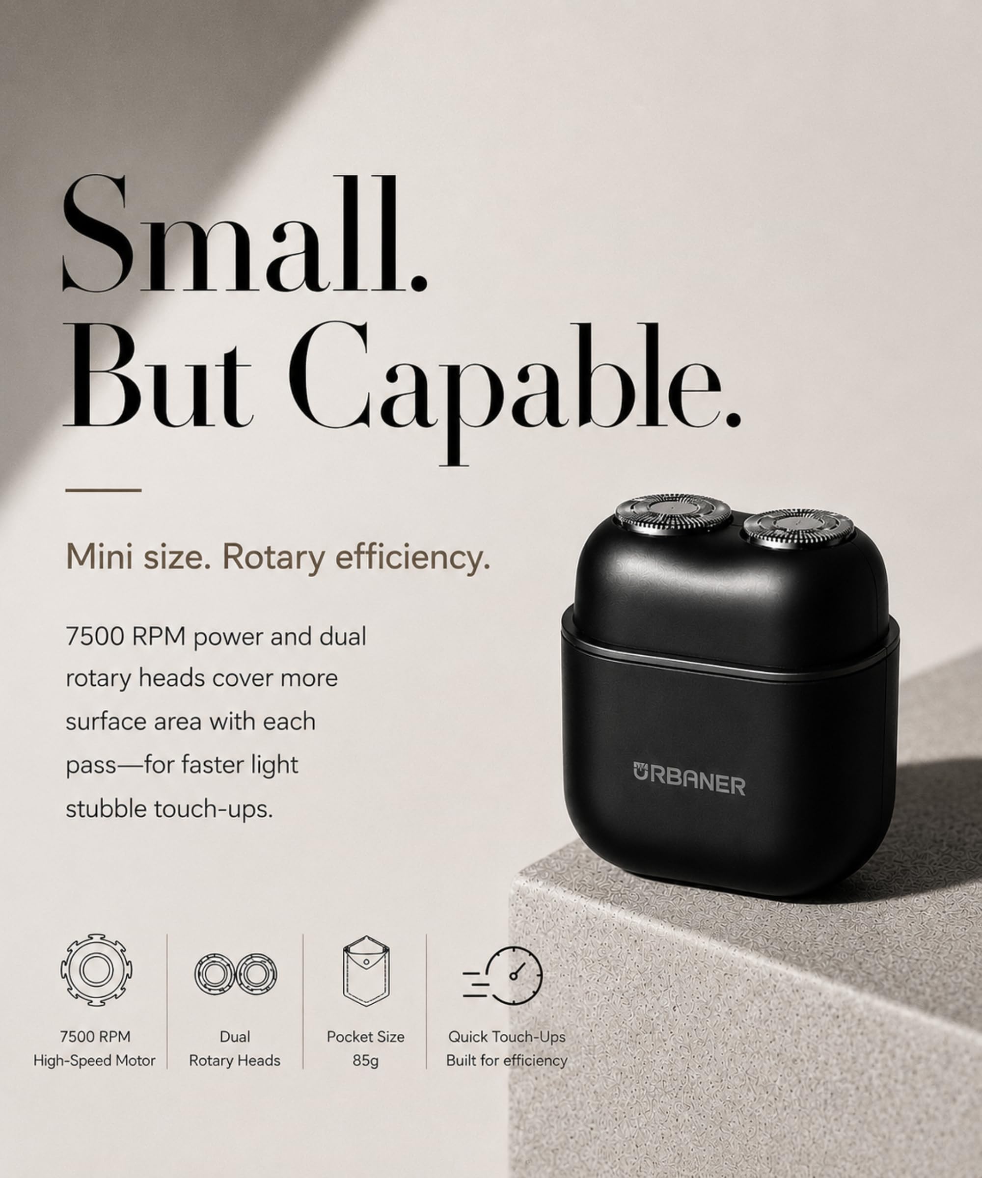 URBANER Mini rasoio, rasoio portatile da uomo, rasoio da viaggio da uomo, mini rasoio elettrico, doppia testa rotante, testa magnetica, impermeabile IPX6, ricaricabile USB-C, 85 g, nero opaco