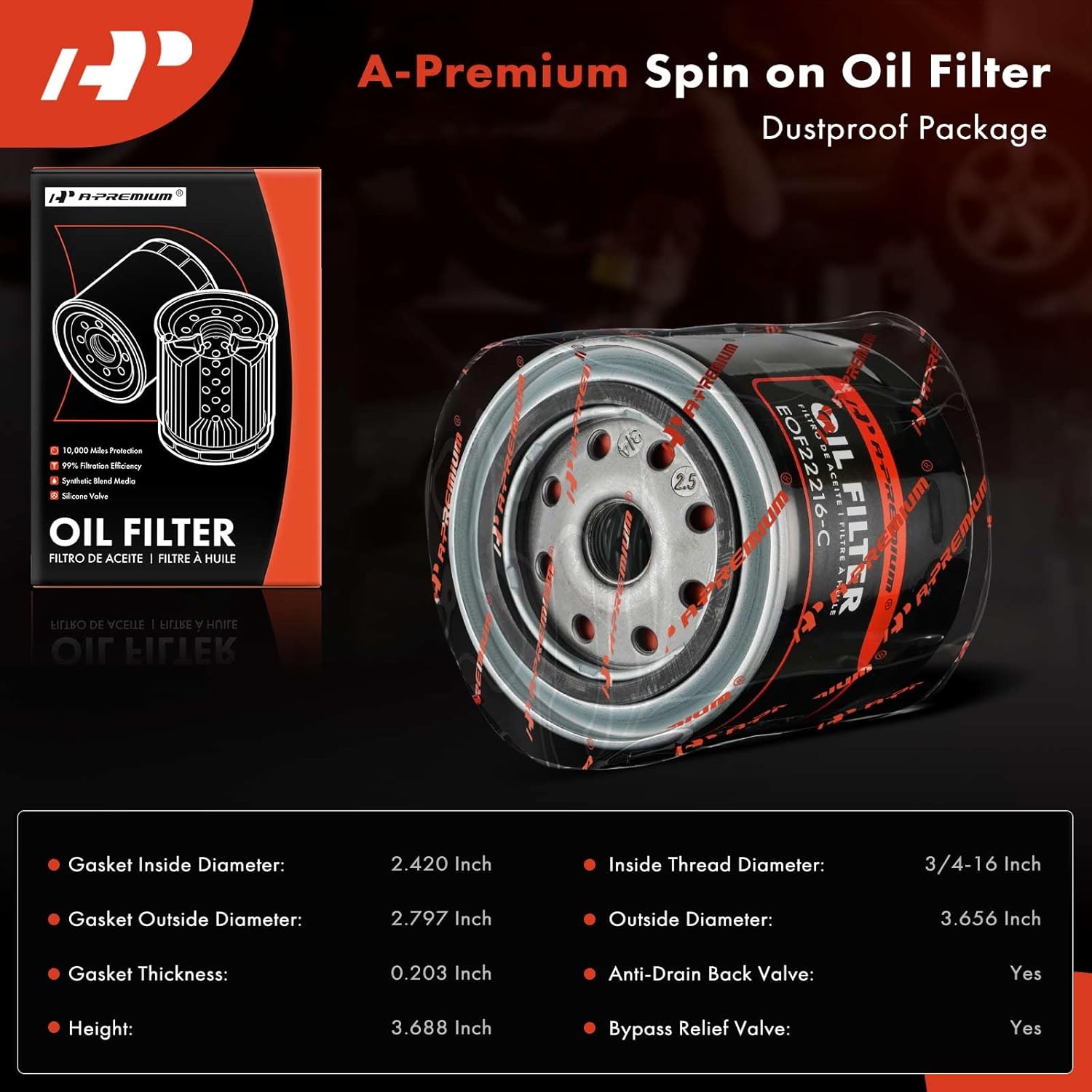 A-Premium 4-PC 10K Miles Protection Spin On Oil Filter Compatible with Ford & Toyota & Nissan & Jeep & Dodge & Chrysler & Mitsubishi & Plymouth & Renault & Eagle & Freightliner & Mercury & Alfa Romeo