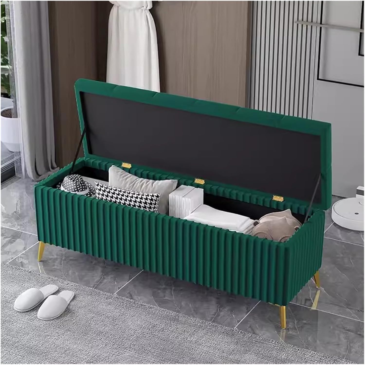 Taboret ze schowkiem Velvet, tapicerowany puf Extra Long ze złotymi nogami, tapicerowany puf do salonu(Green,80cm)