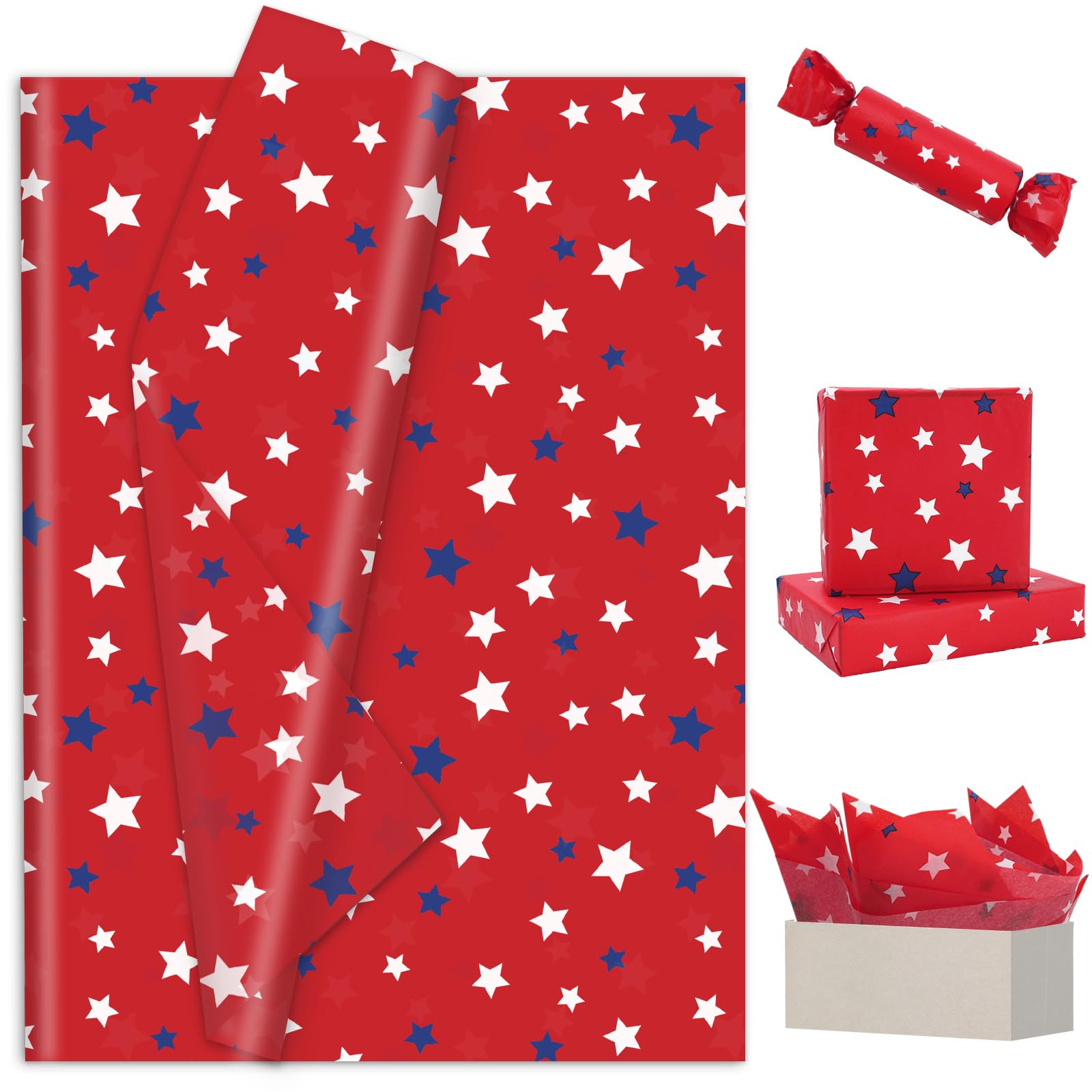 JarThenaAMCS 100 Sheets Patriotic Tissue Paper Red Blue White Stars Gift Wrapping Paper for DIY Arts Crafts 4th of July Independence Day Holiday