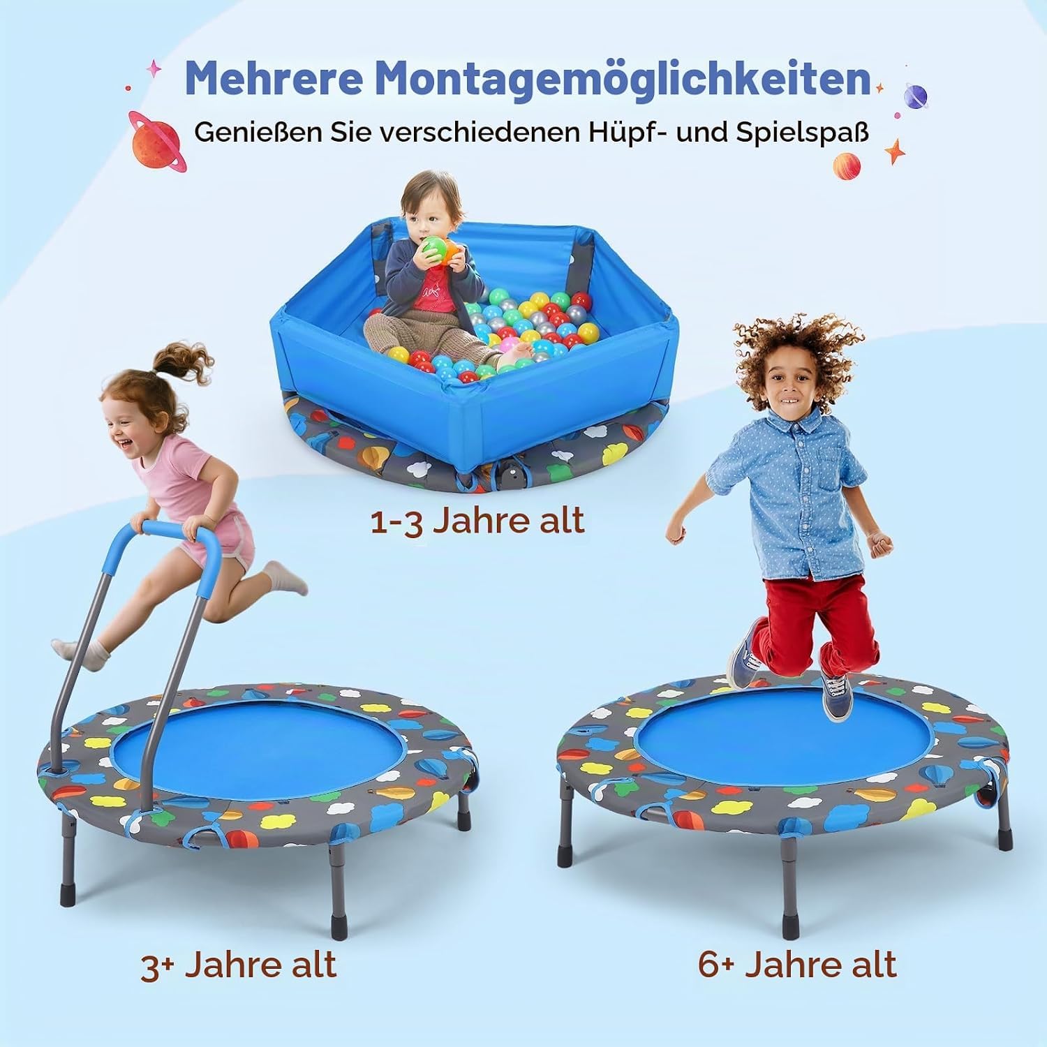 Trampolino elastico per bambini, pieghevole, 3 in 1, multifunzione