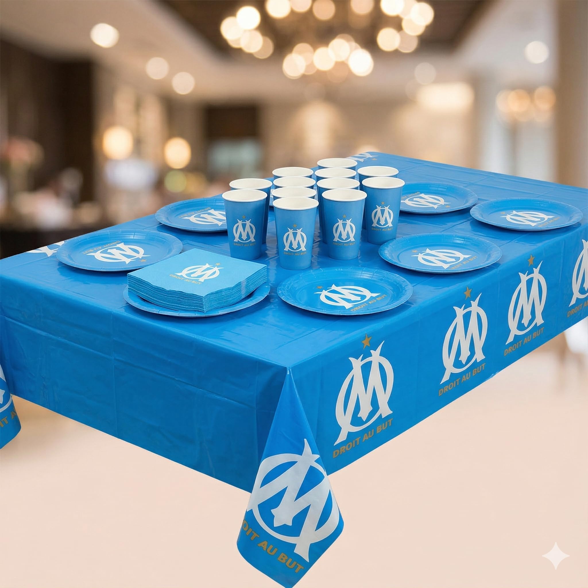 OLYMPIQUE DE MARSEILLE Pack 100 pièces Om : 1 Nappe 12 x Gobelet 12 x Assiette 40 x Serviette 11 x Ballon baudruche 12 x Chapeau 12 x sifflet - Collection Officielle