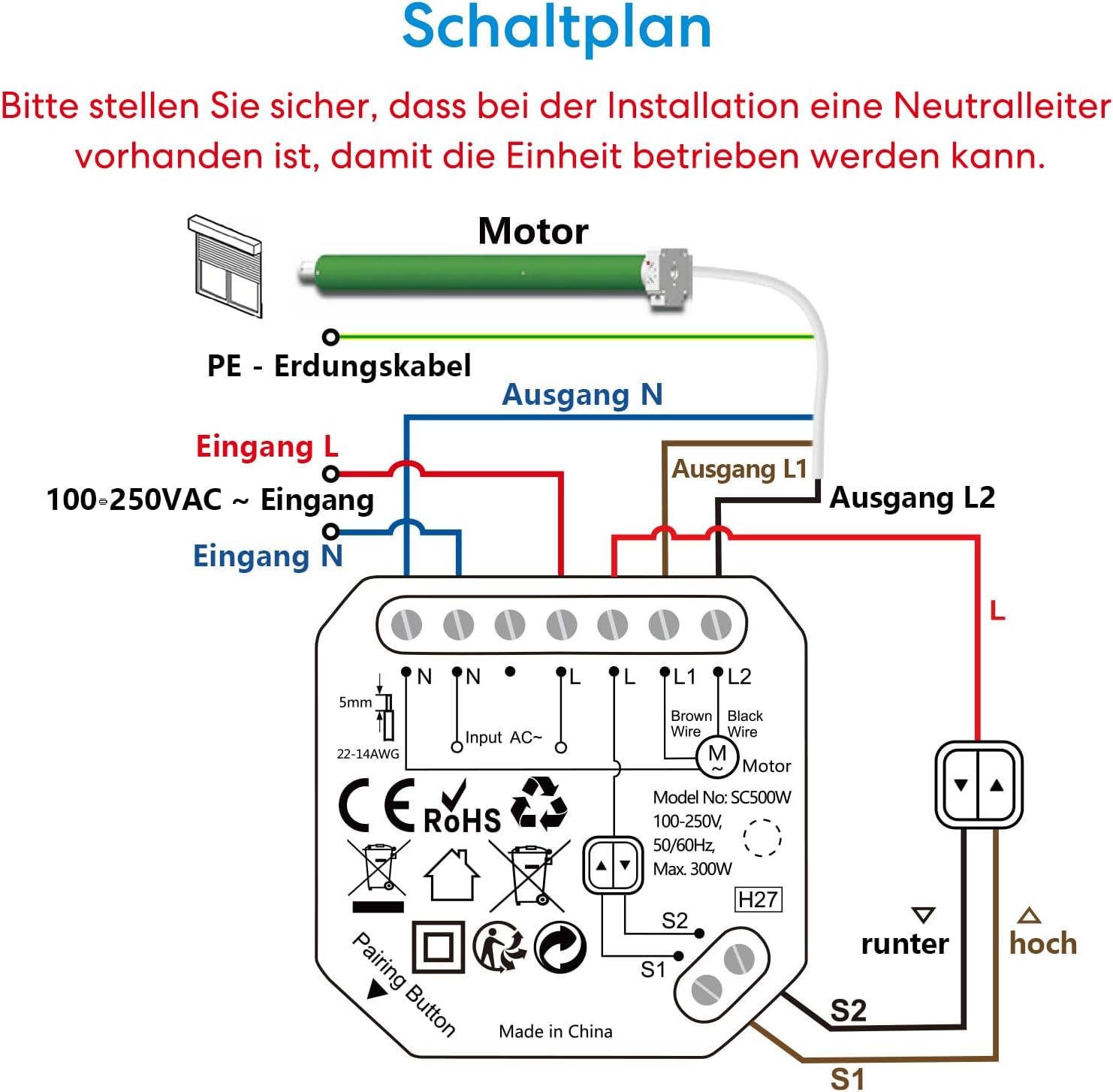 Woman using a smartphone to control a roller shutter remotely, with rain outside, demonstrating remote application control.