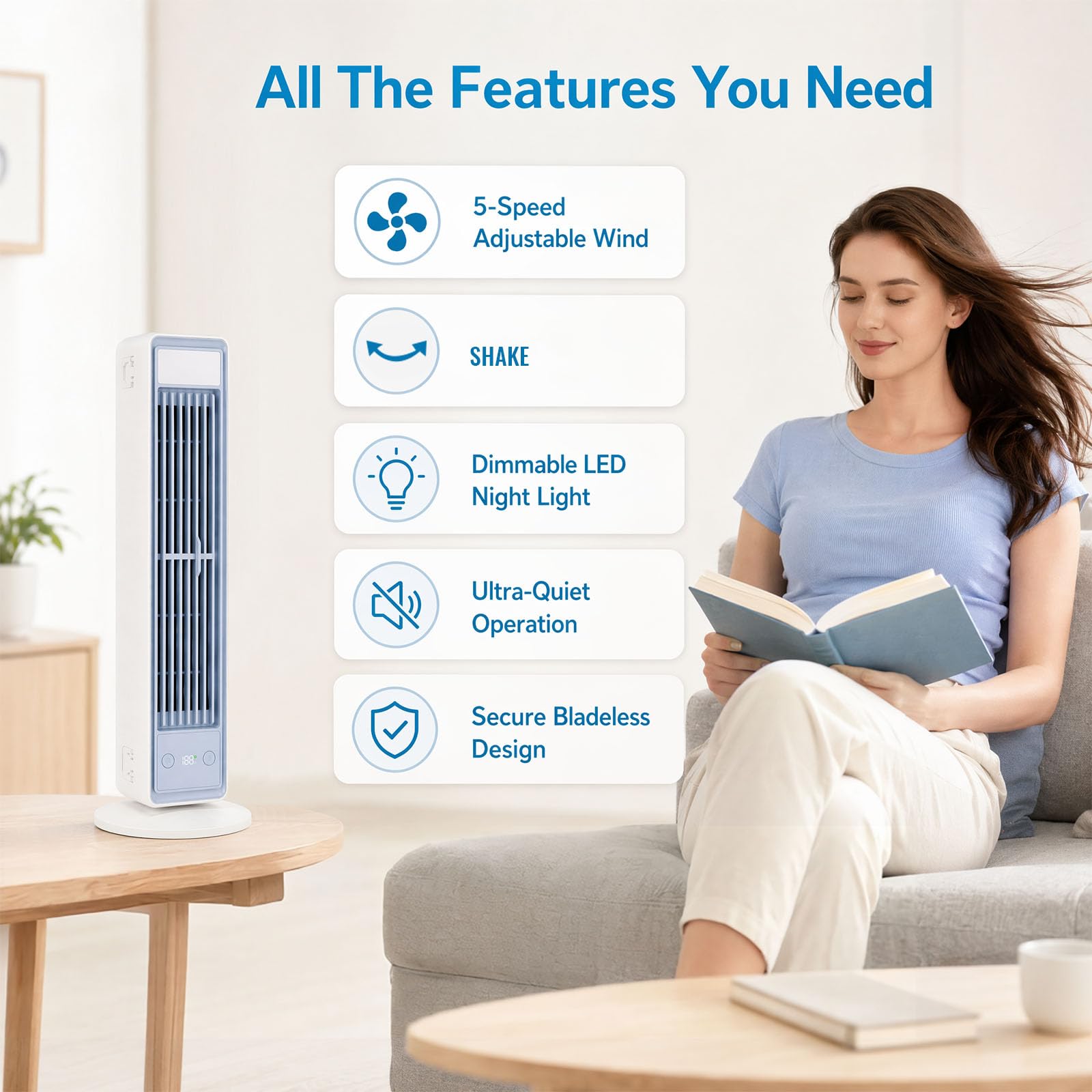 Tragbare Klimaanlage, Mobiler Luftkühler leise mit 3 Geschwindigkeiten, Energieeffizienter Ventilator ohne Flügel, Mini Air Conditioner für Schlafzimmer, Büro und Zuhause, Weiß