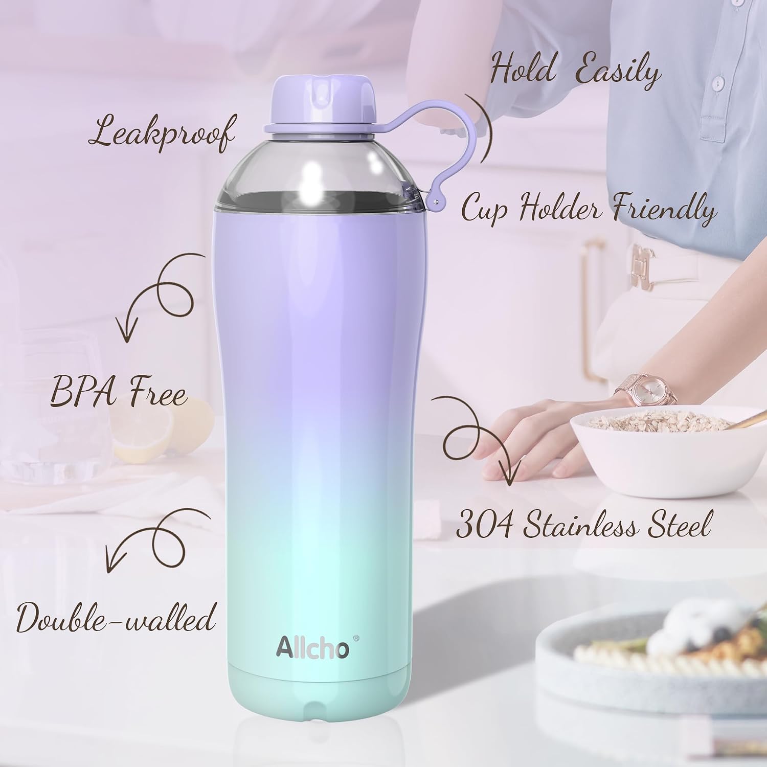 Insulated Water Bottle for Women, 24-Ounce Stainless Steel Water Bottle, Double Layered with Two Lids (Drinking Lids & Cup Lids) - Replenishing & Active Gift Packaging Available