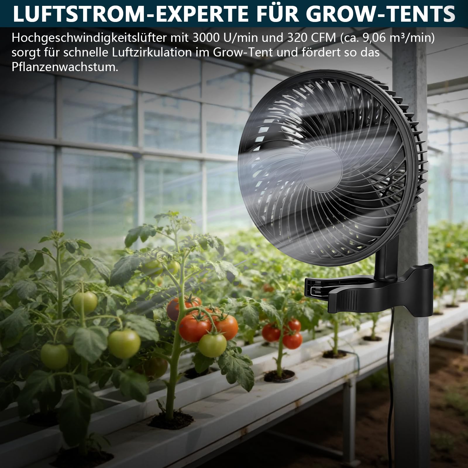 Grow Ventilator Oszillierend mit Clip, Clip Ventilator mit EC-Motor, 10 Stufen & 2 Modi, 3 m Kabel Klemmventilator für Grow Zelte, Anzuchtzelt, 150mm Durchmesser, 544 m3/h Luftstrom, 28 dB(A)(2 Stück)