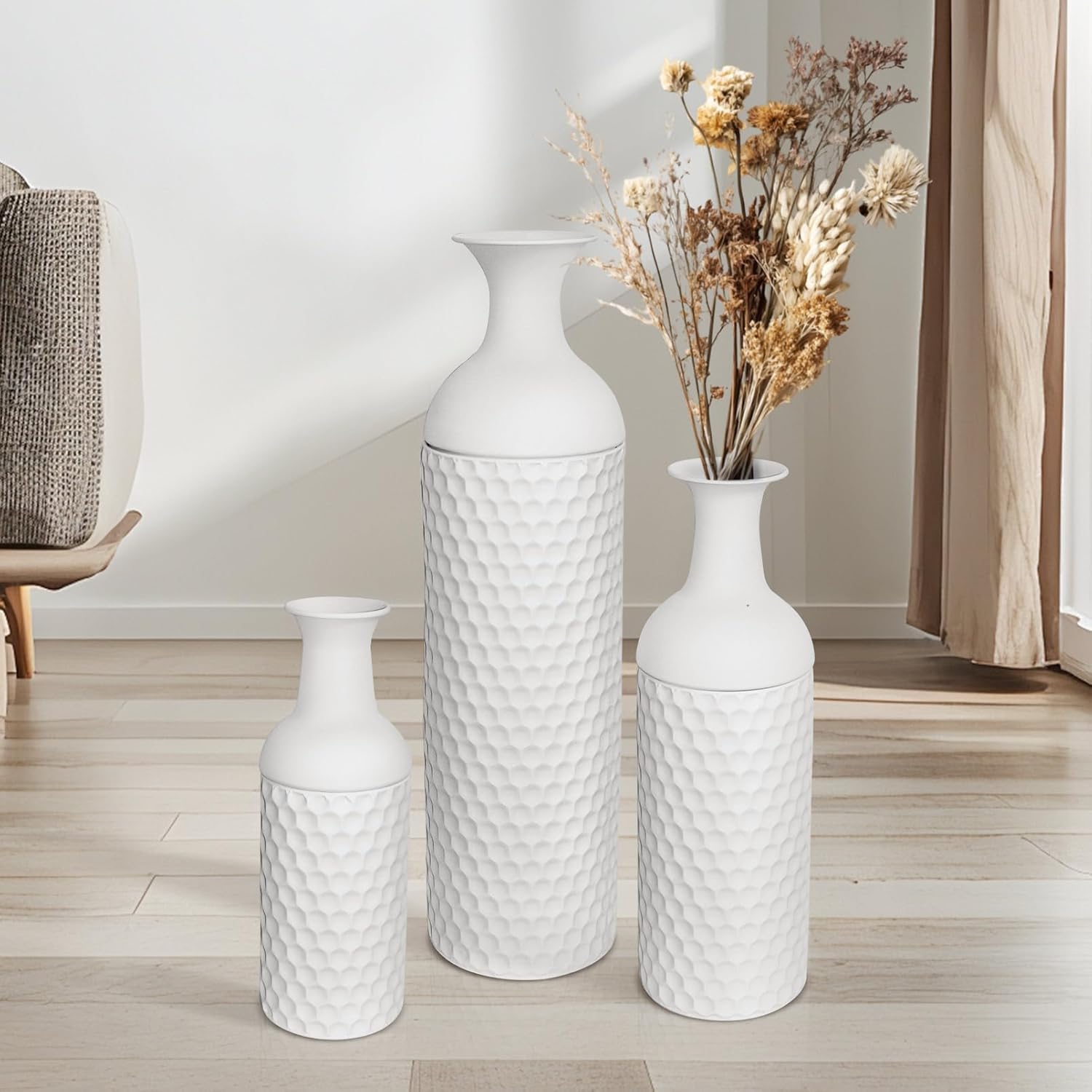Tall White Floor Vase: Large Vases for Decor Living Room 27 Inch Big Decorative Floor Vases Home Decor Set of 3 Modern Metal Standing Vase for Dining Room Fireplace Corner Hallway Office White Tall Vases for Floor