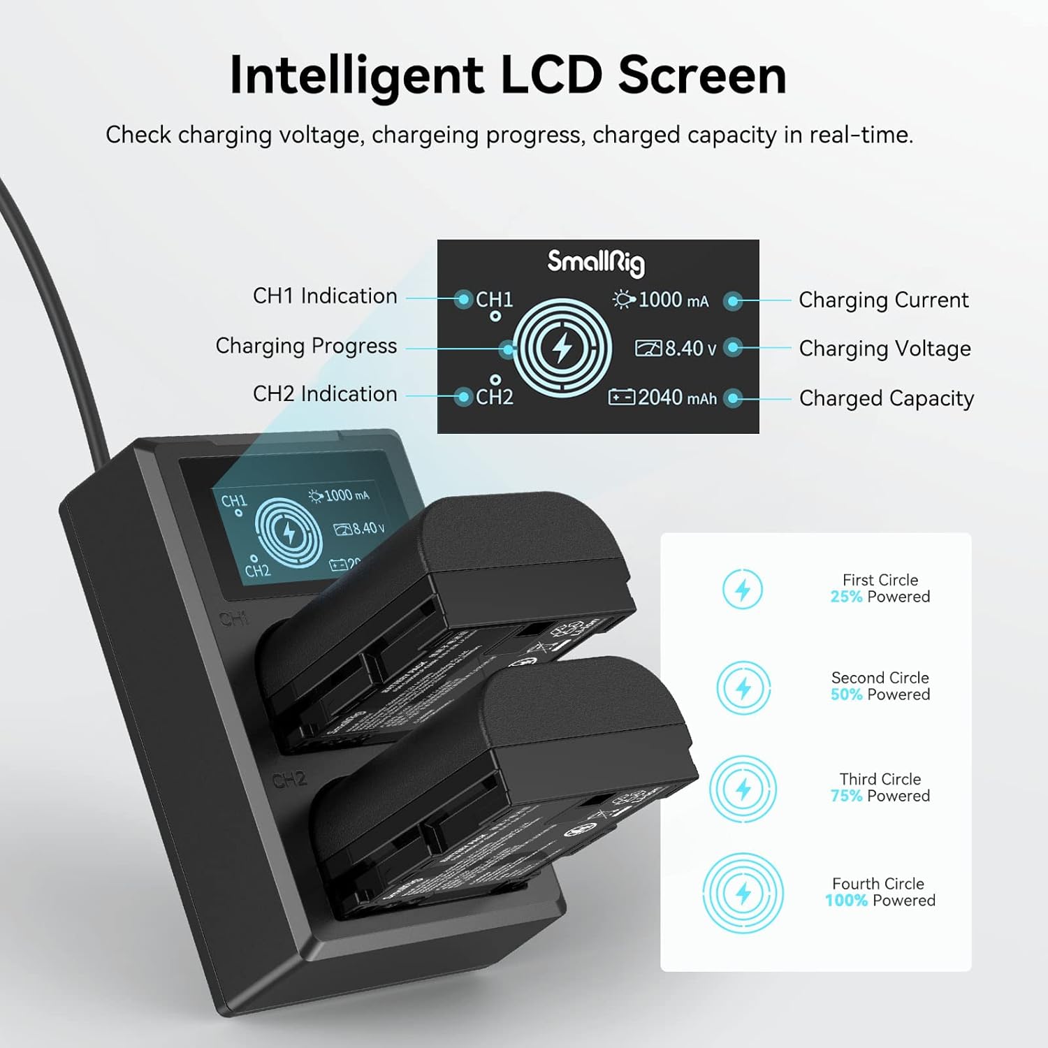 Close-up of the SmallRig charger's LCD screen showing charging indicators for CH1 and CH2, including current, voltage, progress, and capacity