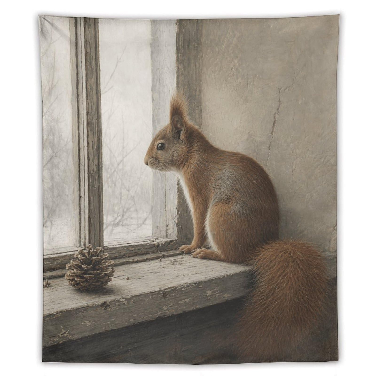 H3B8U2Y5 Squirrel at Window Wall Tapestry, Realistic Illustration Style