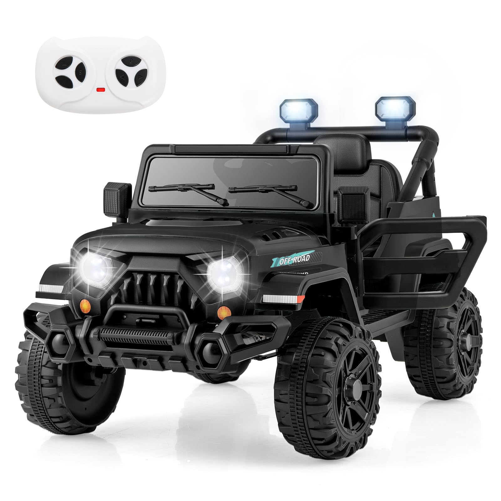 Maxmass 12V Kids Electric Ride on Car, Battery Powered Electric Vehicle with Remote Control, Lights, Music, Horn, Wireless Connection, Children Toy Car Off Road Truck for 3+ Years Old (Black)