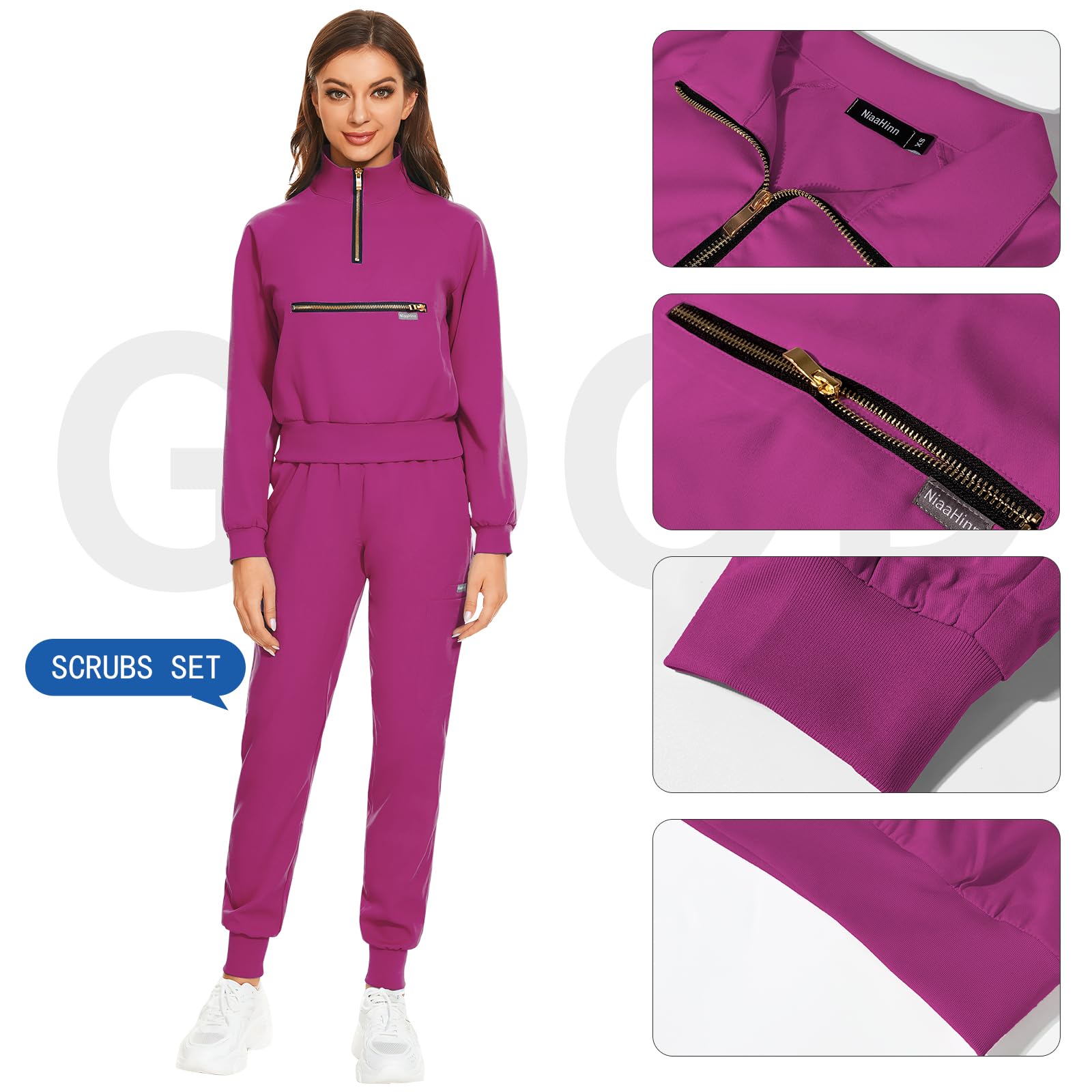 VIAOLI Scrub for Women Set Long Sleeve Jackets & Jogger Pants 8 Pockets Nurse Uniforms with Lapel Zip Collar Clearance (Rose red,L,Large)