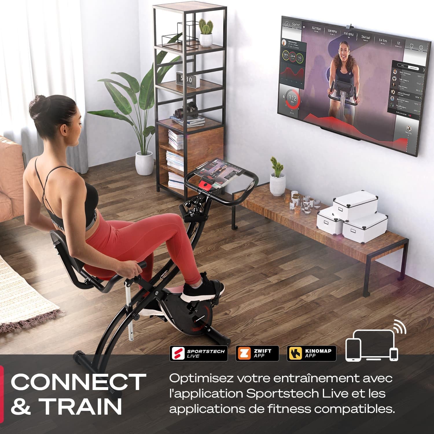 Sportstech F-Bike X150 showing connectivity with Sportstech Live, Zwift, and Kinomap fitness applications.