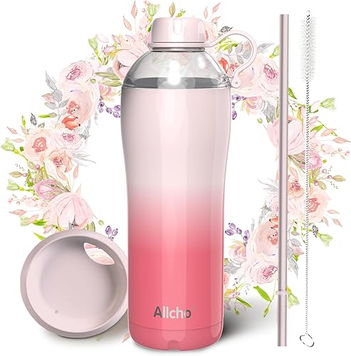 Miniatura 24 de Botella de agua aislada para mujeres, botellas de agua de acero inoxidable de 18 oz, de doble pared, 2 tapas (para beber y taza) - Hidrata y Púrpura