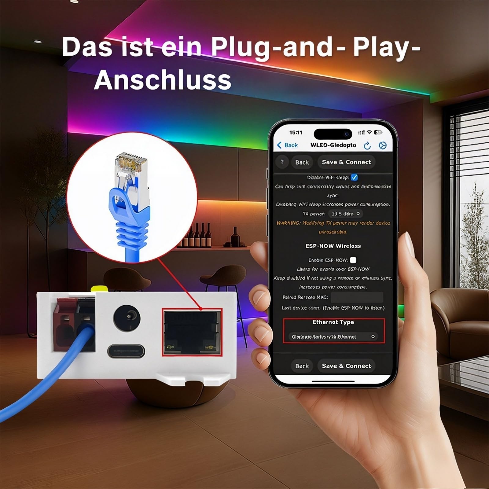 ESP32 WLED LED Controller mit Ethernet, Musik Reaktion, UART & 20A Stecksicherung, DIY dynamische Lichteffekte, DC 5–24V für WS2811 WS2812B SK6812 WS2815 RGB/RGBW Adressierbare LED Streifen
