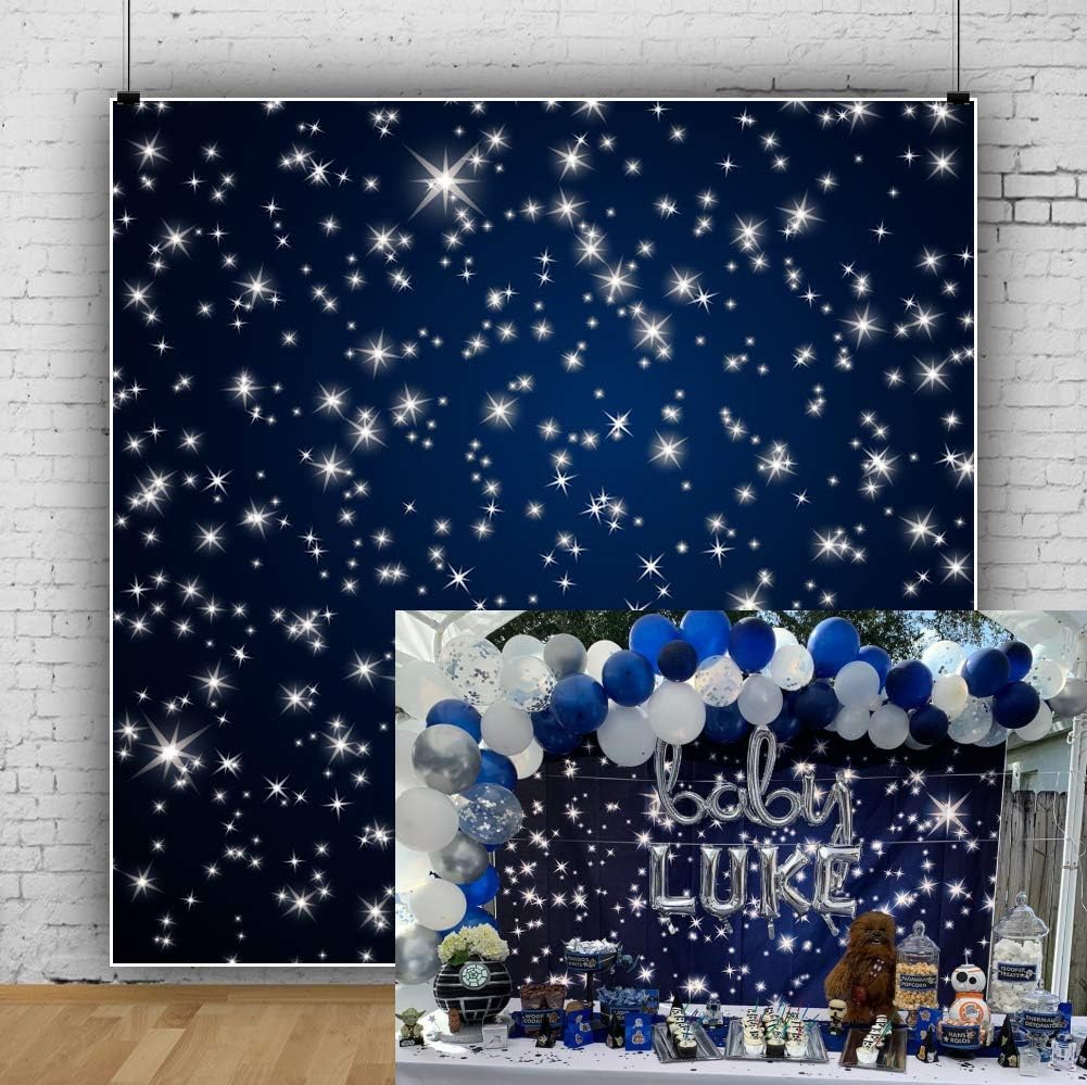Laeacco 10x10ft Starry Night Sky Photography Backdrop Shining Twinkle Stars Dark Blue Background Newborn Baby Shower Birthday Party Cake Table Decoration Children Baby Kids Girls Photo Portrait Studio