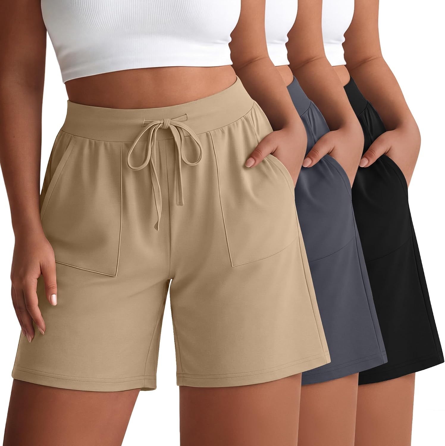 Evervibe 3 Pack Women's Plus Size Bermuda Shorts Casual Drawstring Knee Length Active Summer Shorts with Pockets